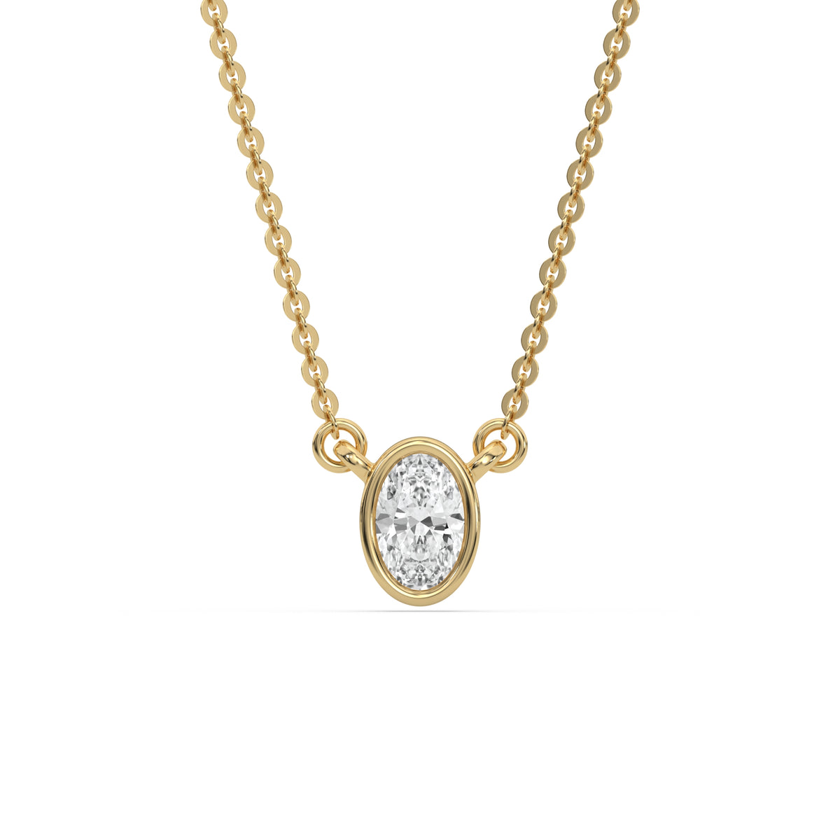 This yellow gold Oval Solitaire Diamond Necklace made with an oval cut diamond in bezel setting with adjustable chain in top view