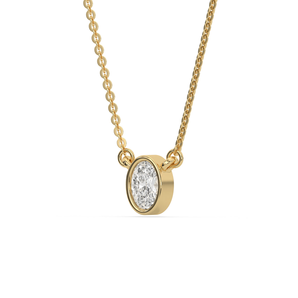 This yellow gold Oval Solitaire Diamond Necklace made with an oval cut diamond in bezel setting with adjustable chain in side view