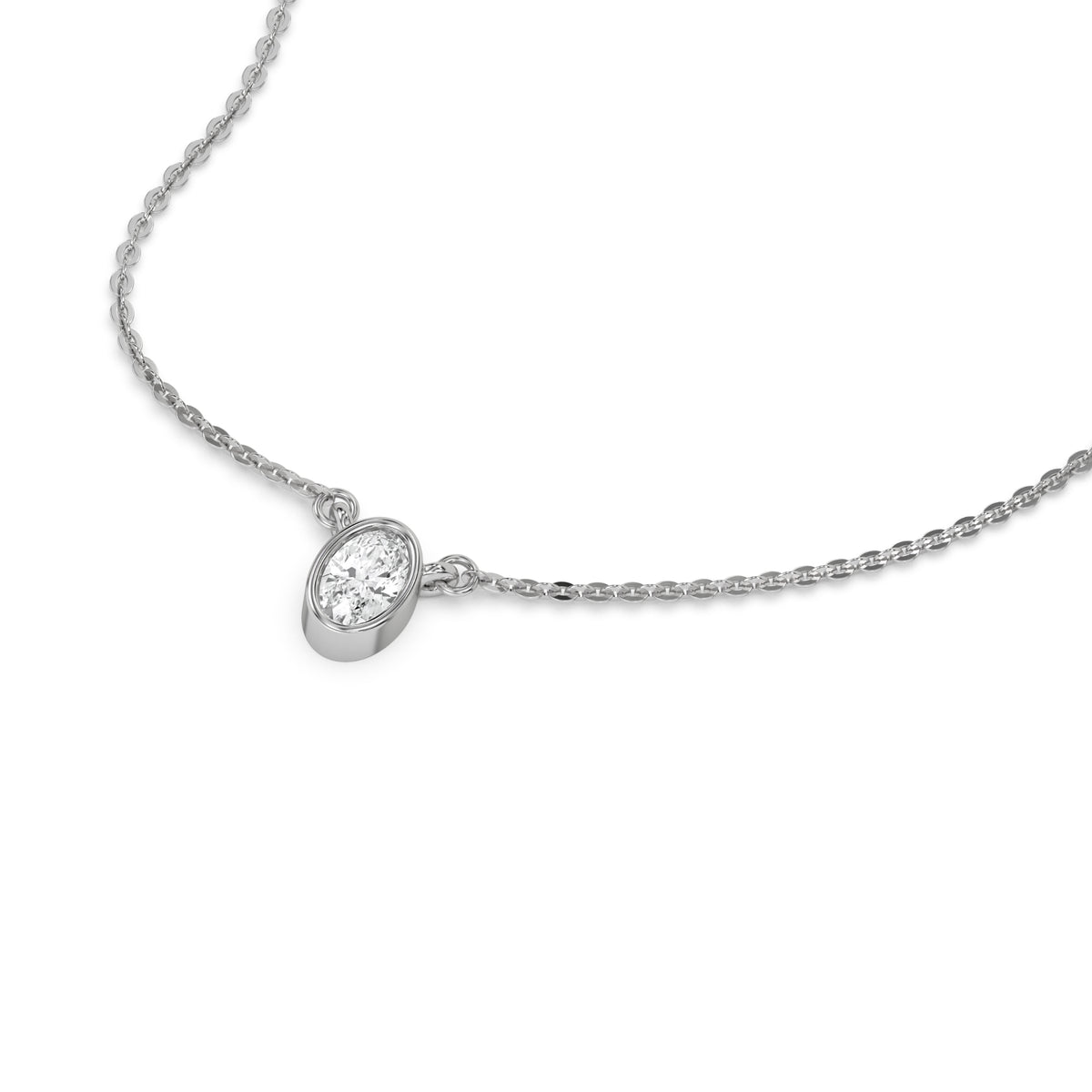 This white gold Oval Solitaire Diamond Necklace made with an oval cut diamond in bezel setting with adjustable chain in 3d view