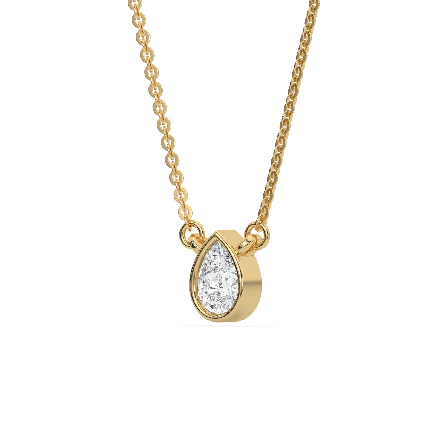 This yellow gold Pear Solitaire Diamond Necklace made with a pear cut diamond in bezel setting with adjustable chain in side view