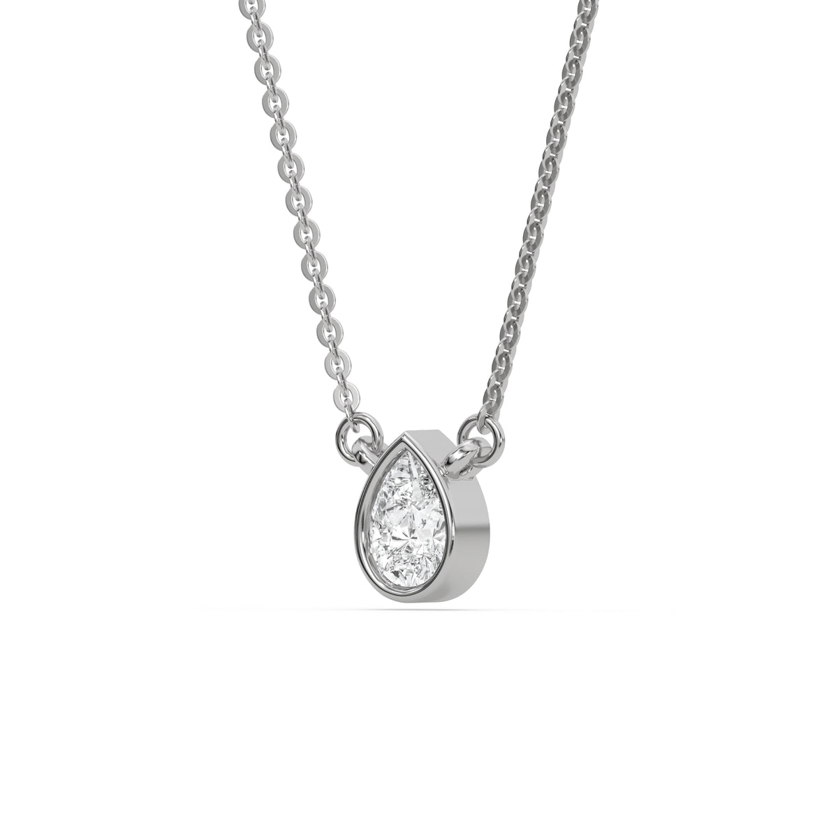 This white gold Pear Solitaire Diamond Necklace made with a pear cut diamond in bezel setting with adjustable chain in side view