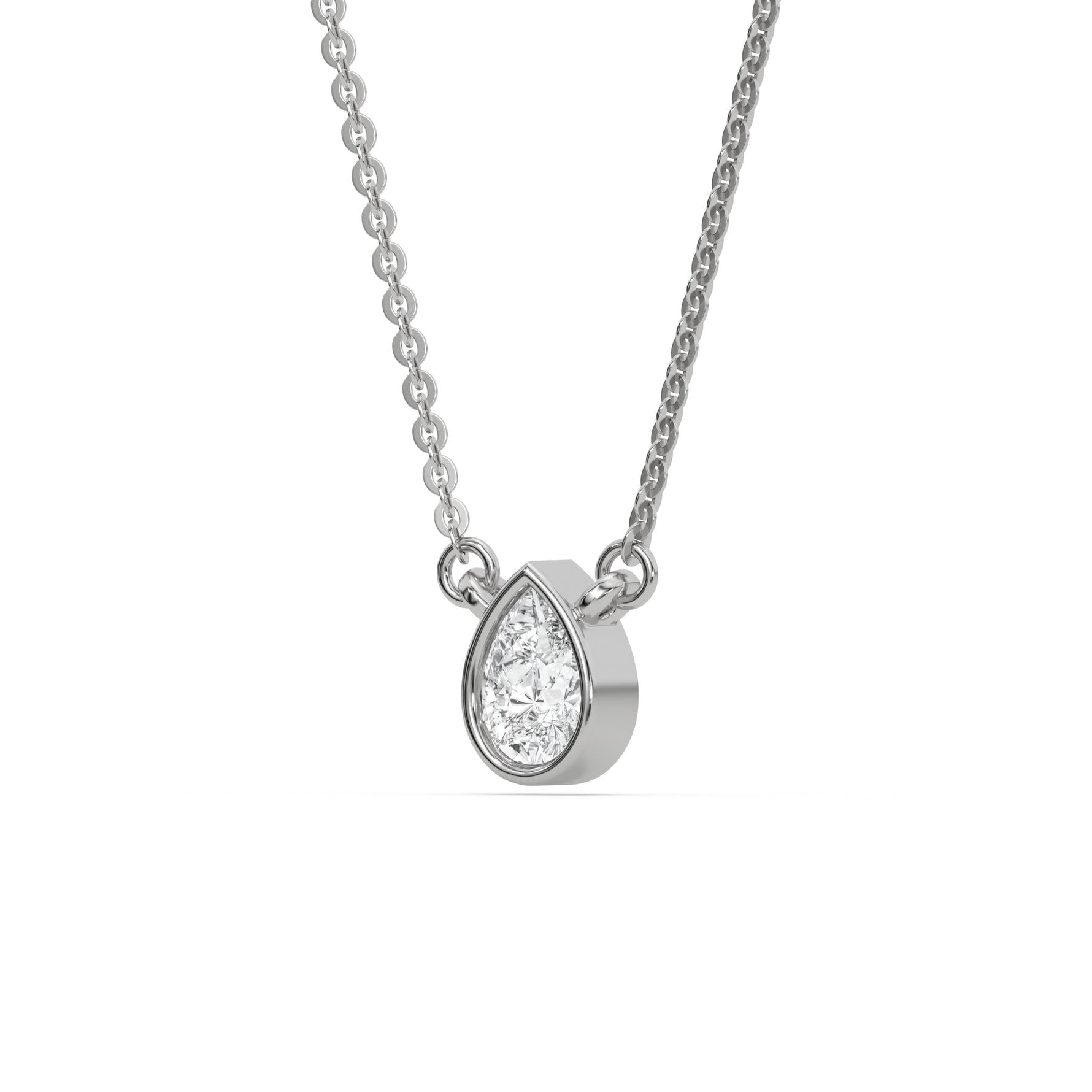 This white gold Pear Solitaire Diamond Necklace made with a pear cut diamond in bezel setting with adjustable chain in side view