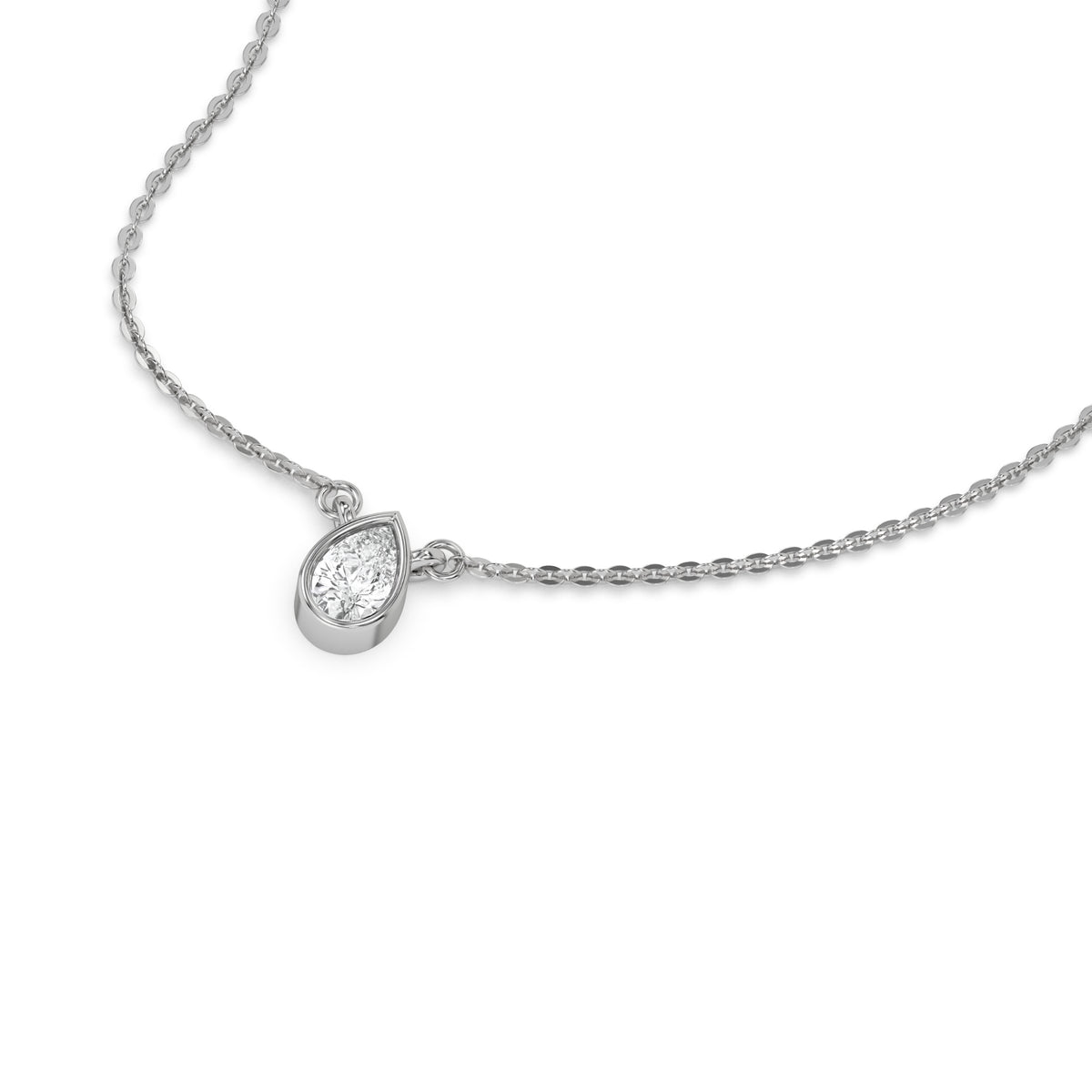 This white gold Pear Solitaire Diamond Necklace made with a pear cut diamond in bezel setting with adjustable chain in 3d view