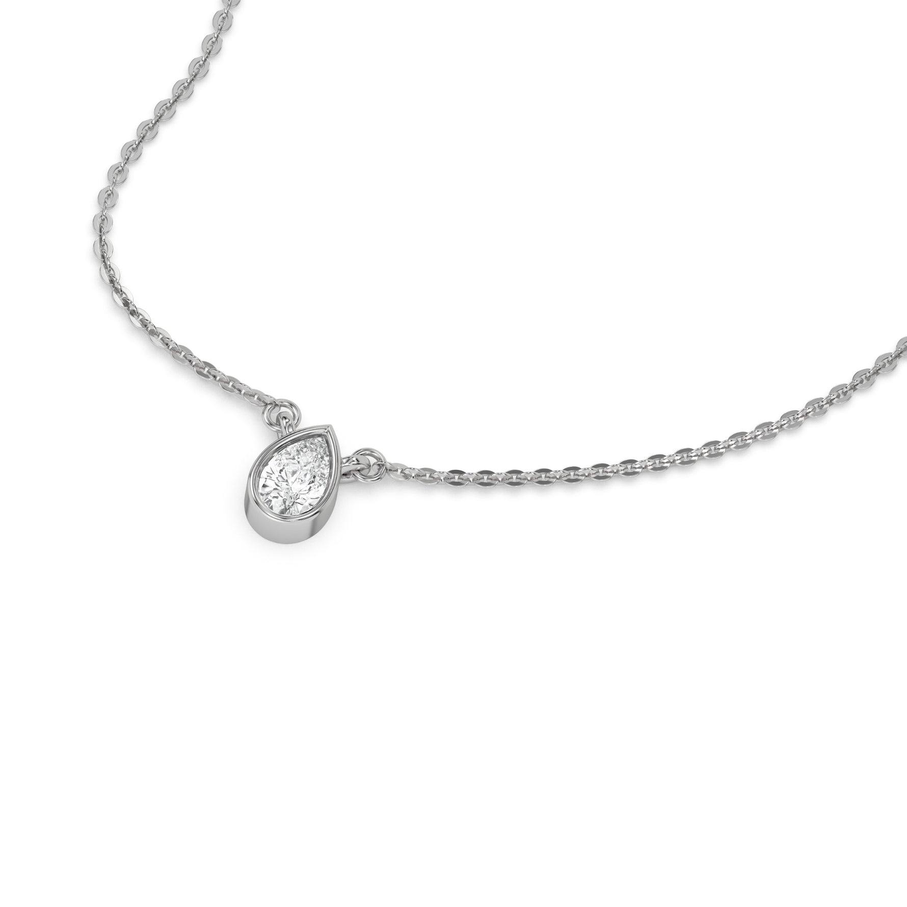 This white gold Pear Solitaire Diamond Necklace made with a pear cut diamond in bezel setting with adjustable chain in 3d view