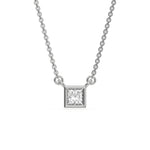 This white gold Princess Solitaire Diamond Necklace made with a princess cut diamond in bezel setting with adjustable chain in top view