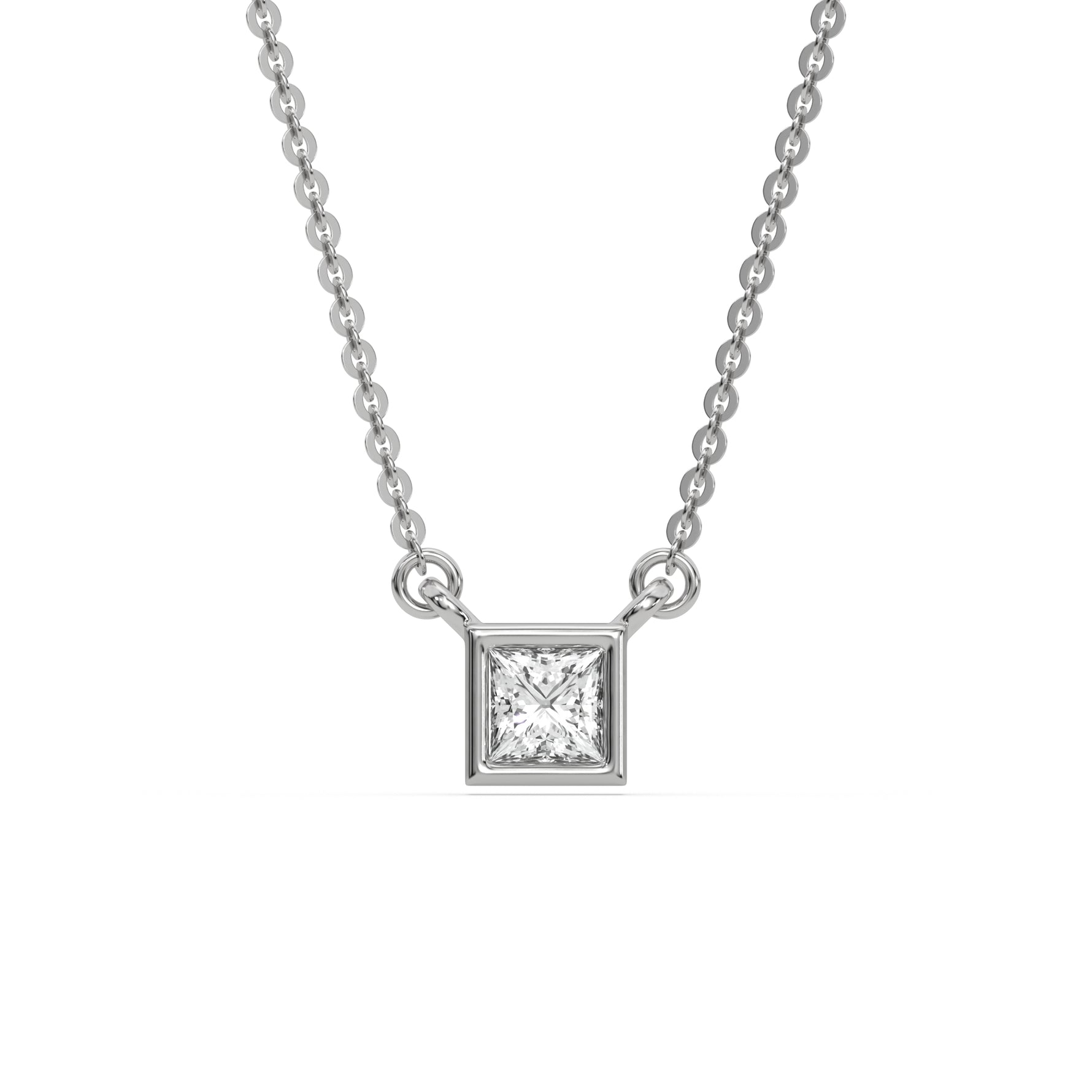 This white gold Princess Solitaire Diamond Necklace made with a princess cut diamond in bezel setting with adjustable chain in top view