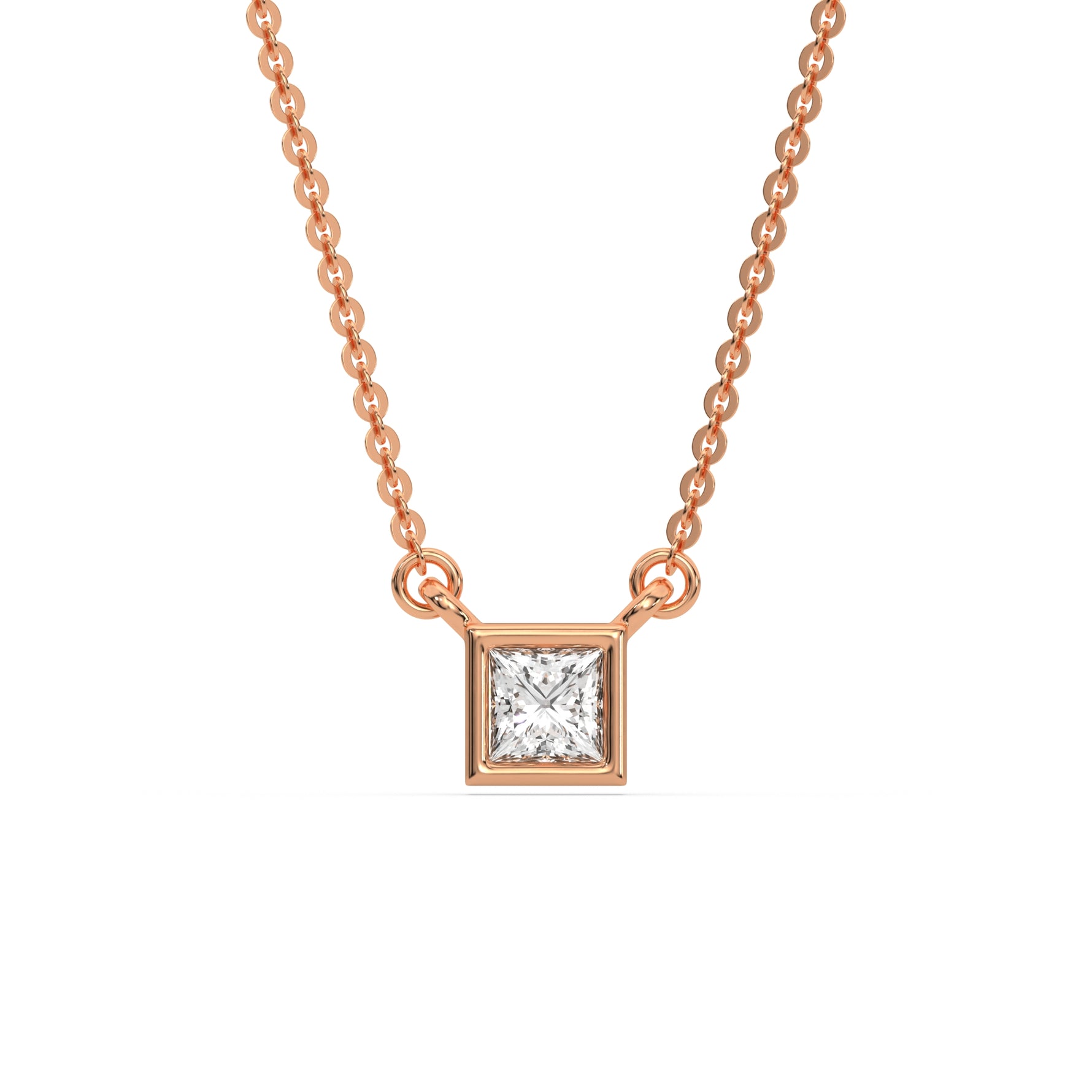 This rose gold Princess Solitaire Diamond Necklace made with a princess cut diamond in bezel setting with adjustable chain in top view