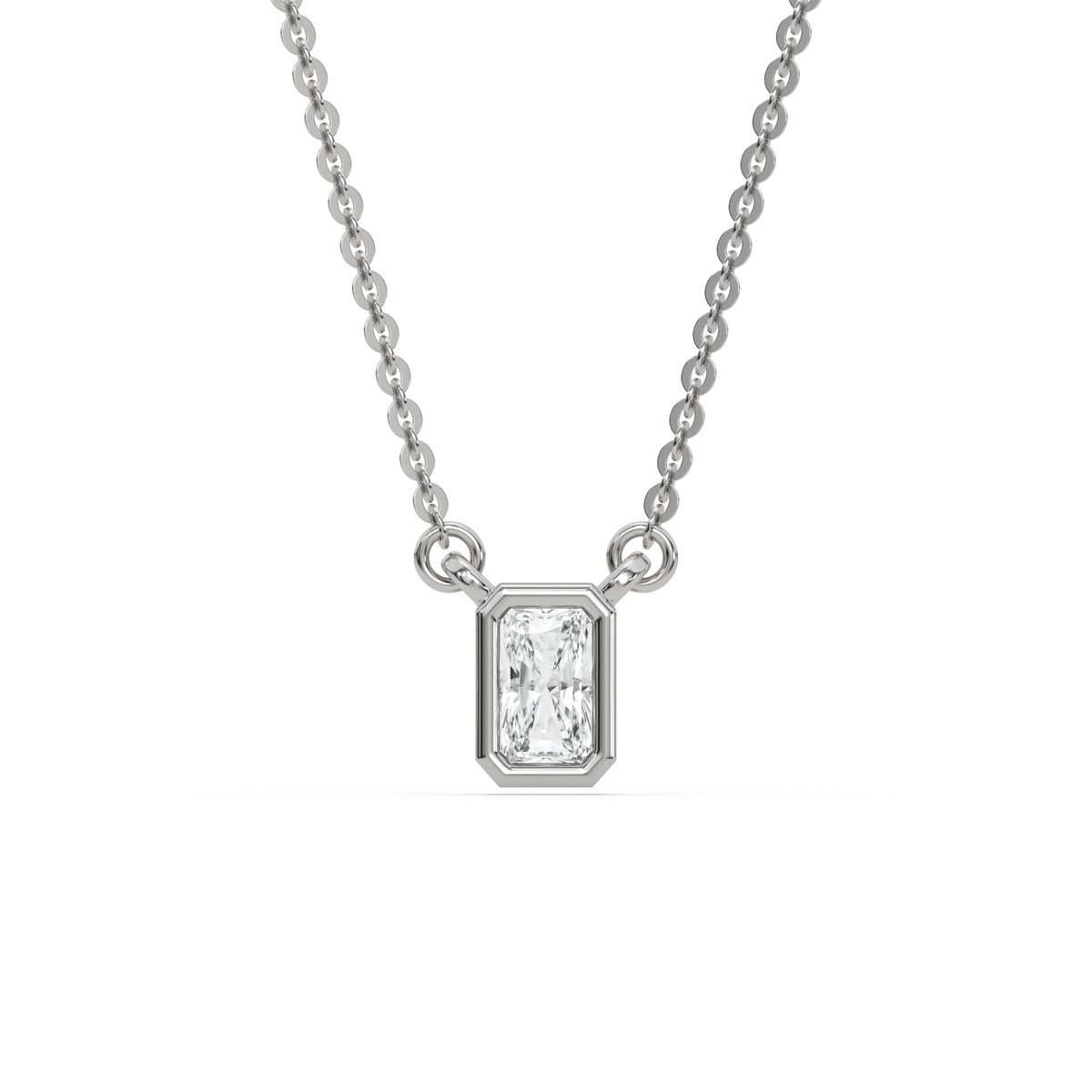 This white gold Radiant Solitaire Diamond Necklace made with a radiant cut diamond in bezel setting with adjustable chain in top view