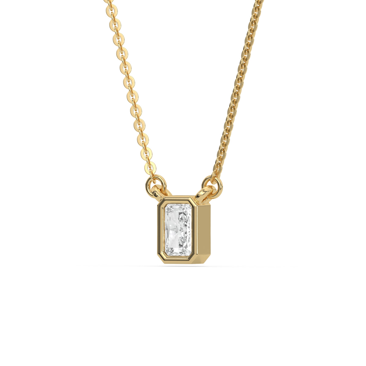 This yellow gold Radiant Solitaire Diamond Necklace made with a radiant cut diamond in bezel setting with adjustable chain in side view