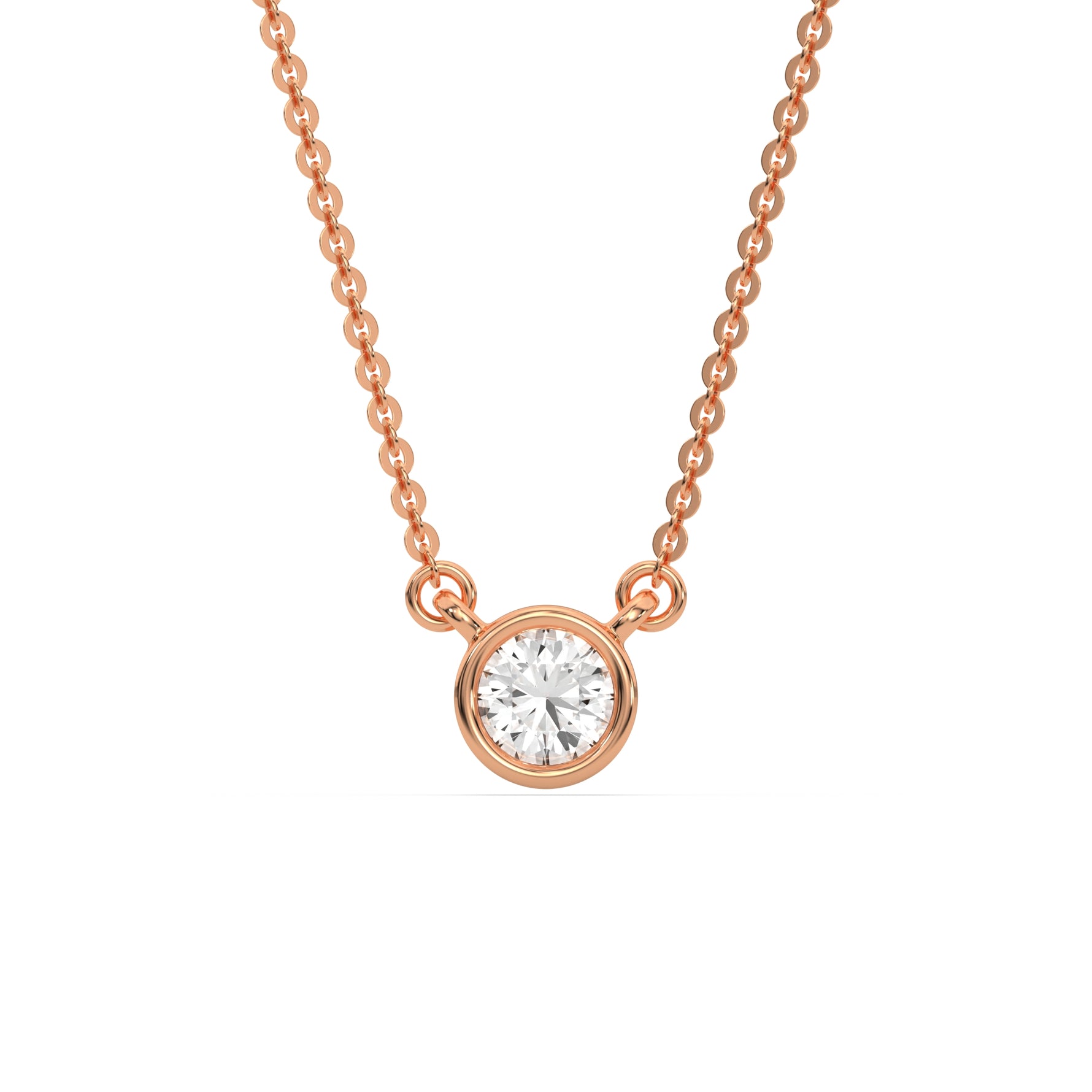 This rose gold Round Solitaire Diamond Necklace made with a round brilliant-cut diamond in bezel setting with adjustable chain in top view