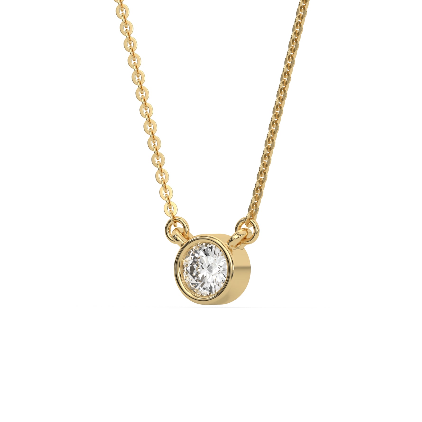 This yellow gold Round Solitaire Diamond Necklace made with a round brilliant-cut diamond in bezel setting with adjustable chain in side view