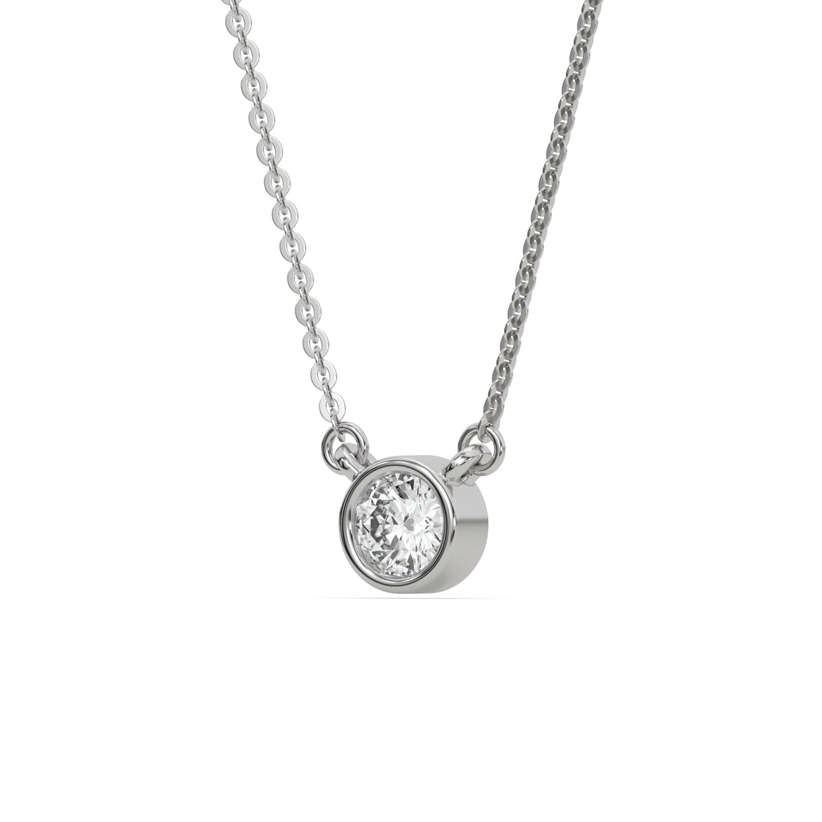 This white gold Round Solitaire Diamond Necklace made with a round brilliant-cut diamond in bezel setting with adjustable chain in side view