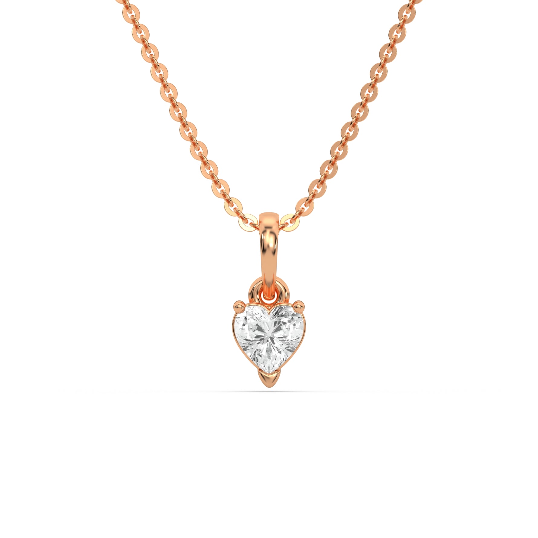 This rose gold Heart Solitaire Diamond Necklace made with a heart cut diamond in a four prong setting with adjustable chain in top view