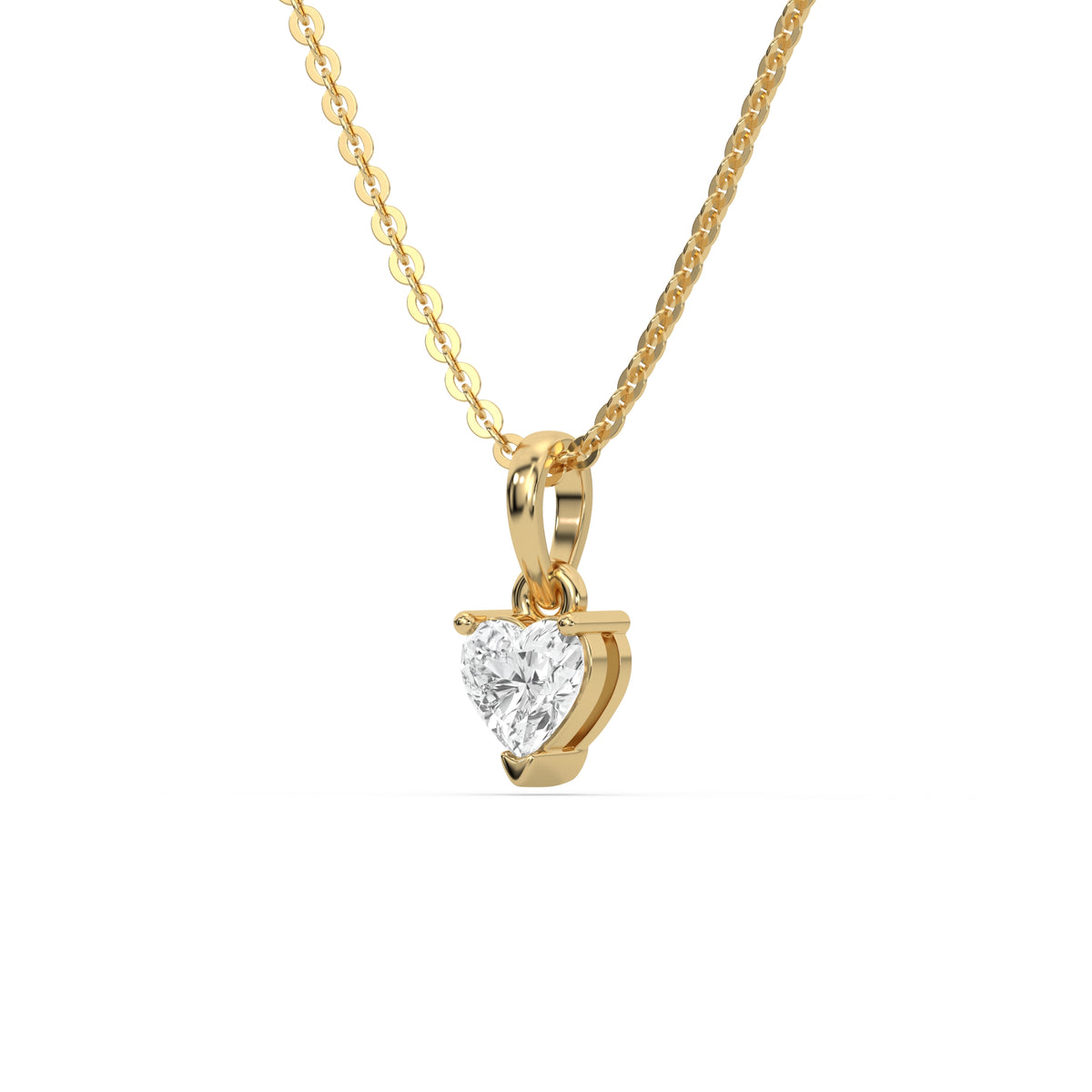 This yellow gold Heart Solitaire Diamond Necklace made with a heart cut diamond in a four prong setting with adjustable chain in side view