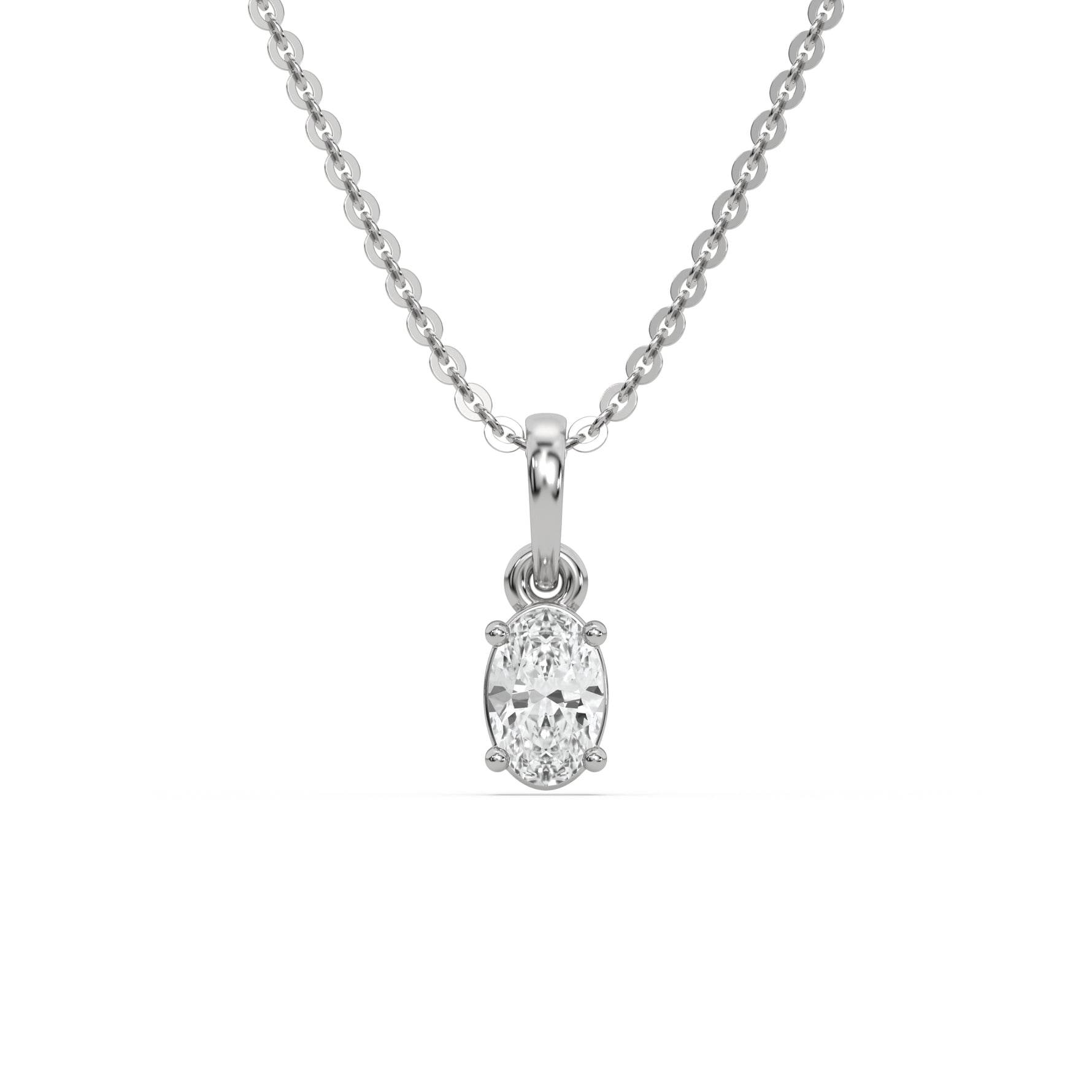 This white gold Oval Solitaire Diamond Necklace made with an oval cut diamond in a four prong setting with adjustable chain in top view