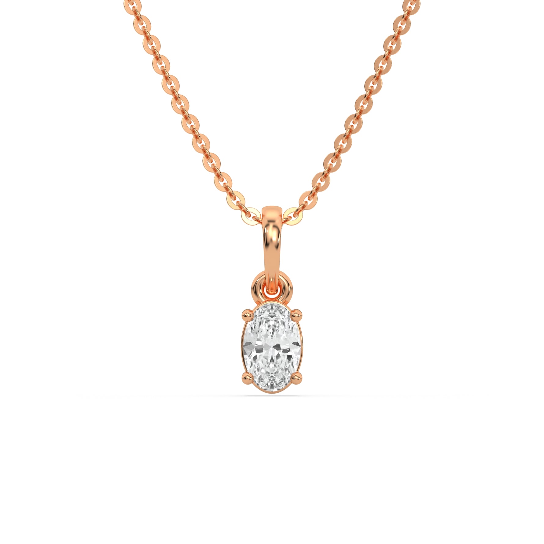 This rose gold Oval Solitaire Diamond Necklace made with an oval cut diamond in a four prong setting with adjustable chain in top view