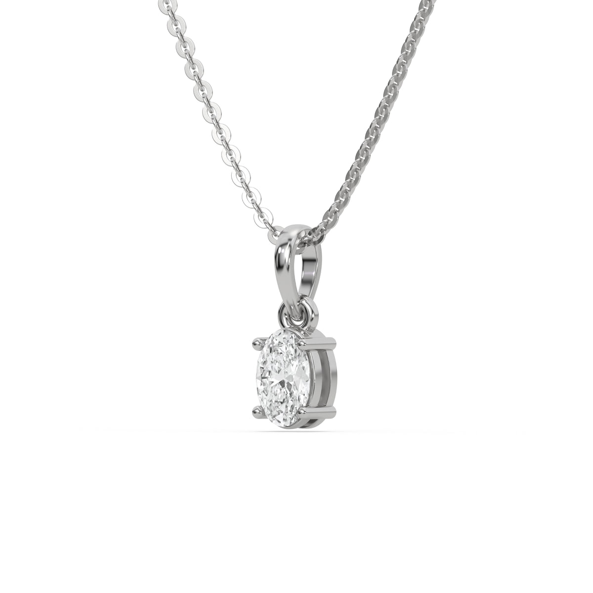 This white gold Oval Solitaire Diamond Necklace made with an oval cut diamond in a four prong setting with adjustable chain in side view