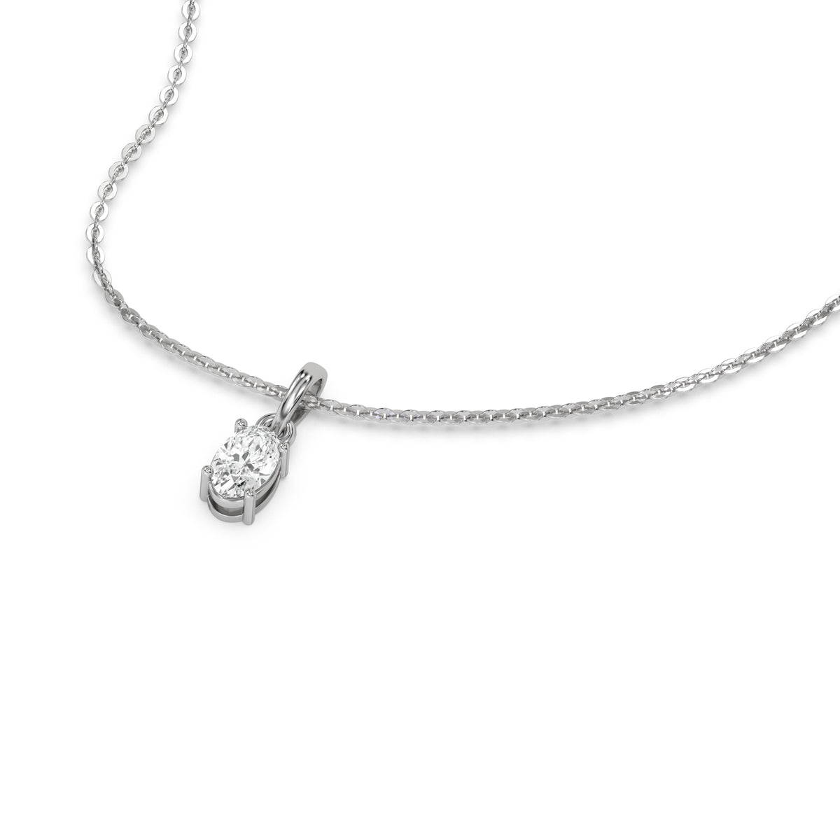 This white gold Oval Solitaire Diamond Necklace made with an oval cut diamond in a four prong setting with adjustable chain in 3d view