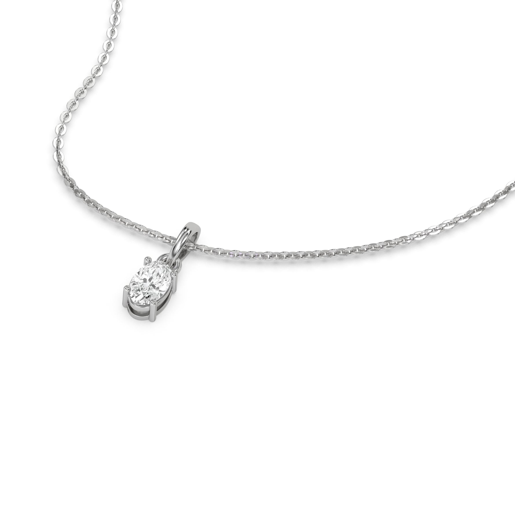 This white gold Oval Solitaire Diamond Necklace made with an oval cut diamond in a four prong setting with adjustable chain in 3d view