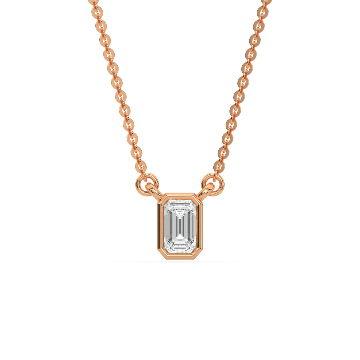 This rose gold Emerald Solitaire Diamond Necklace made with an emerald cut diamond in bezel setting with adjustable chain in top view