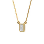 This yellow gold Emerald Solitaire Diamond Necklace made with an emerald cut diamond in bezel setting with adjustable chain in side view