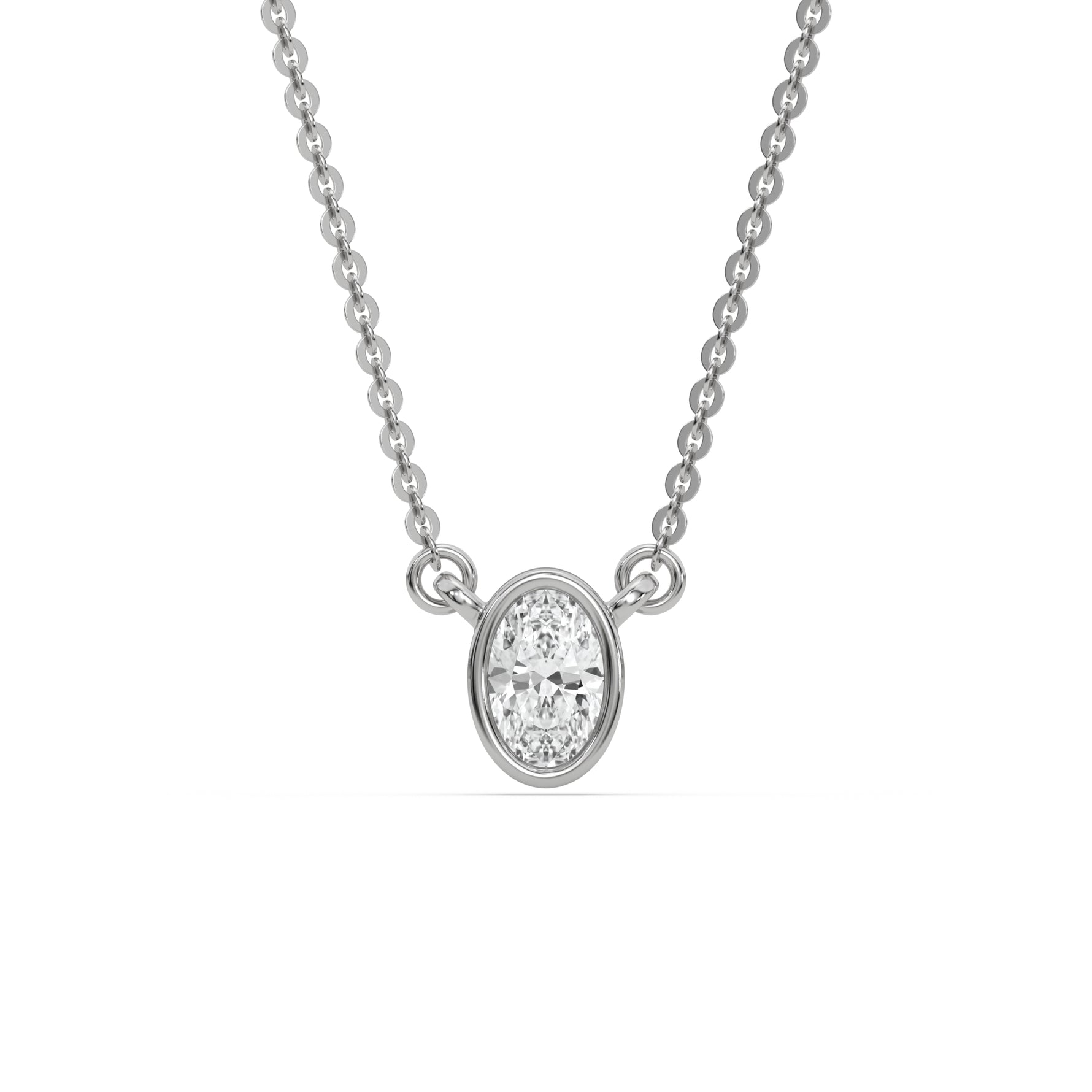 This white gold Oval Solitaire Diamond Necklace made with an oval cut diamond in bezel setting with adjustable chain in top view