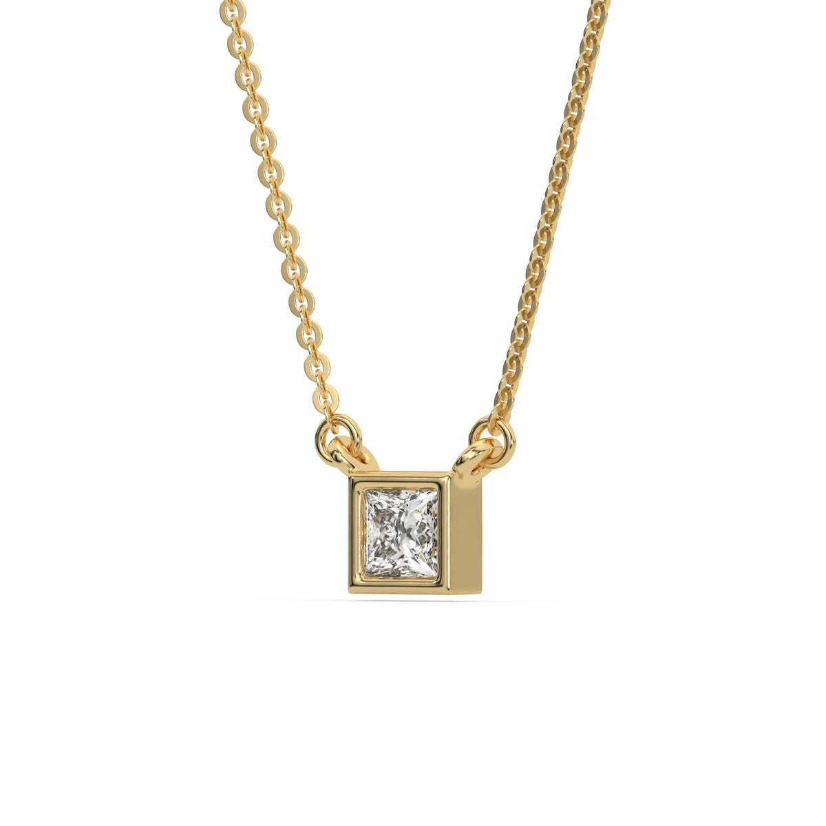 Side-angled view of a square princess Diamond necklace featuring a sparkling stone bezel-set in smooth yellow gold on a fine chain.