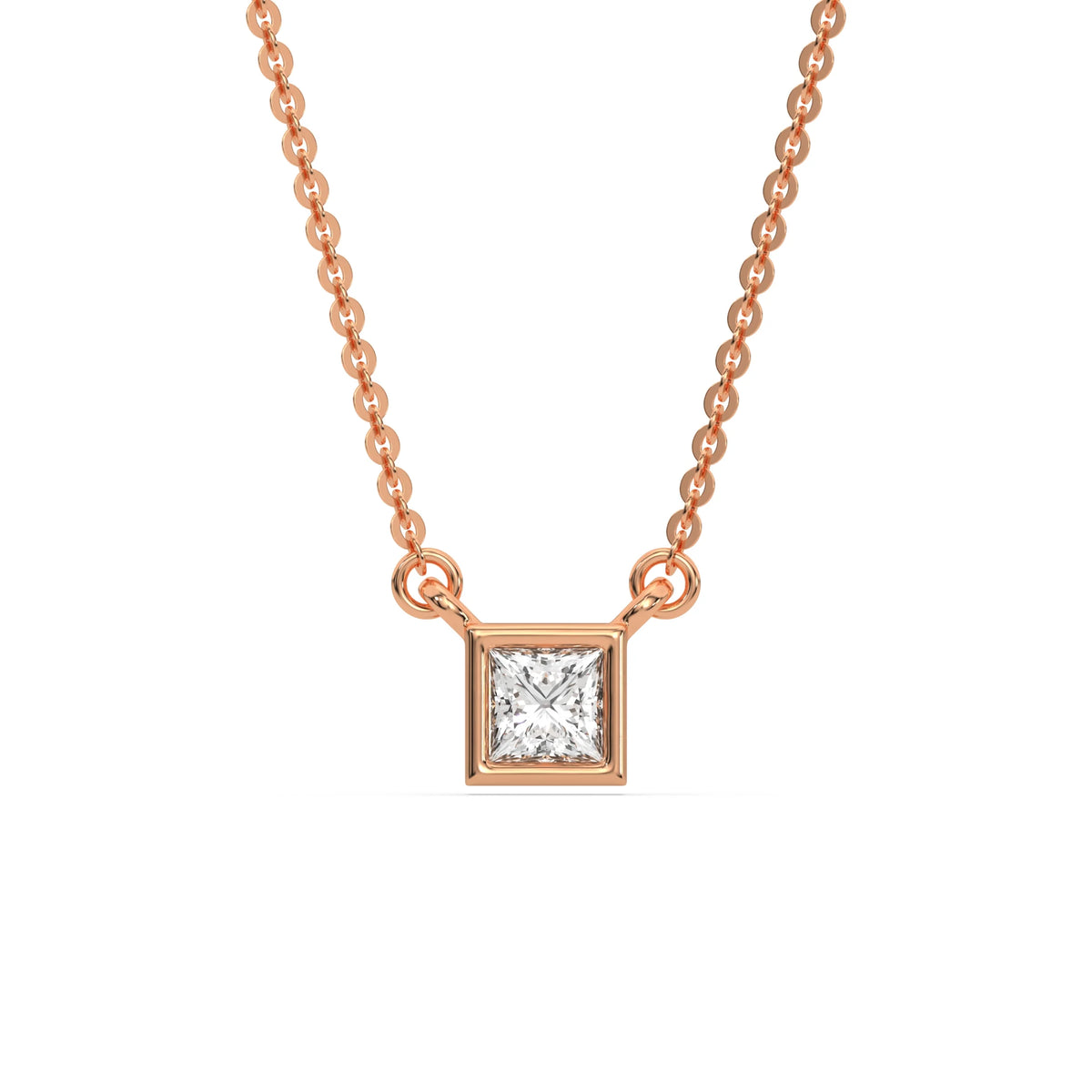 Sparkling bezel-set princess Diamond necklace crafted in rose gold with a square solitaire pendant with a white background.