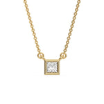 This yellow gold Princess Solitaire Diamond Necklace made with a princess cut diamond in bezel setting with adjustable chain in top view