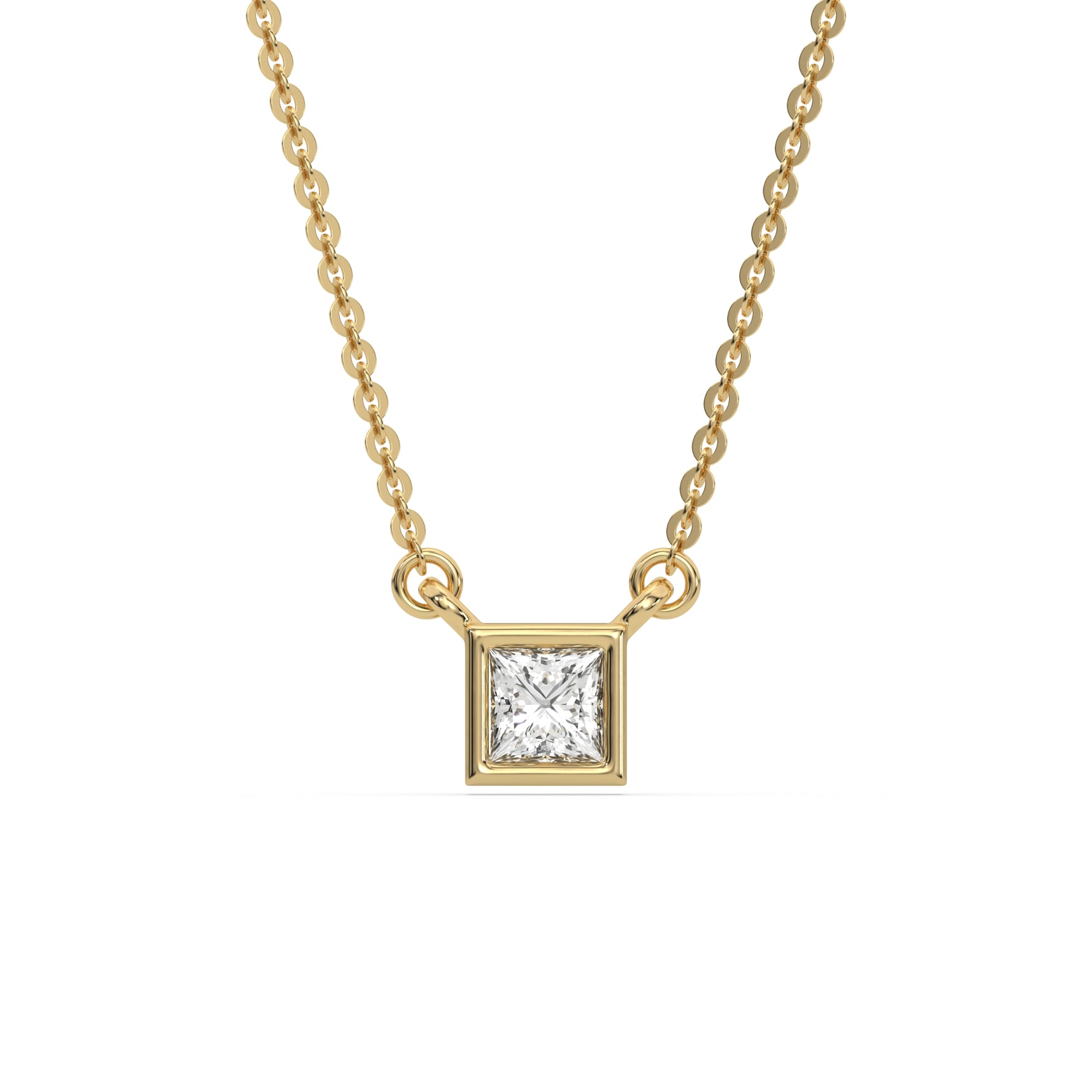 This yellow gold Princess Solitaire Diamond Necklace made with a princess cut diamond in bezel setting with adjustable chain in top view