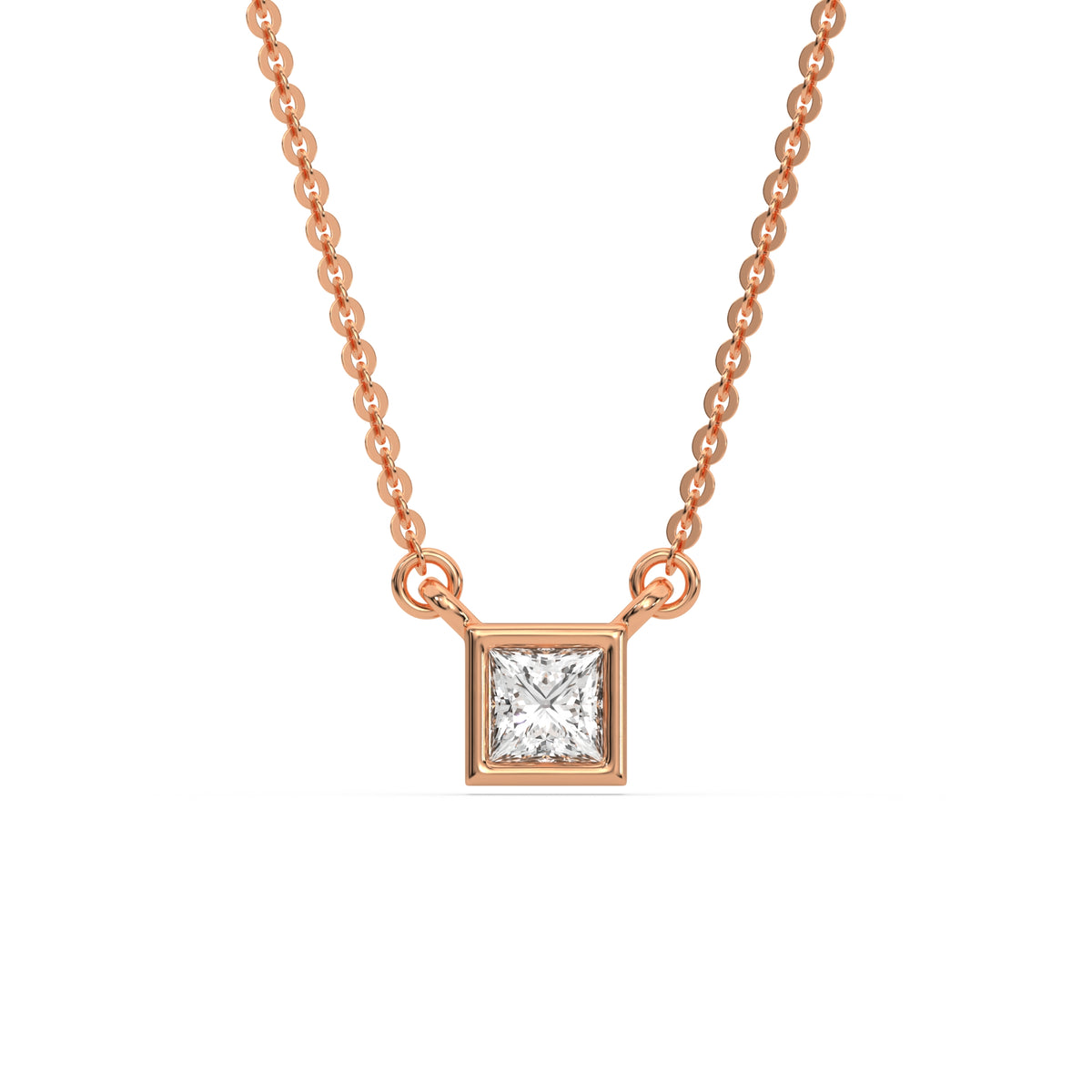 This rose gold Princess Solitaire Diamond Necklace made with a princess cut diamond in bezel setting with adjustable chain in top view