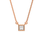 This rose gold Princess Solitaire Diamond Necklace made with a princess cut diamond in bezel setting with adjustable chain in top view