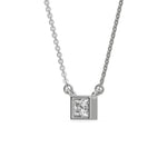 This white gold Princess Solitaire Diamond Necklace made with a princess cut diamond in bezel setting with adjustable chain in side view