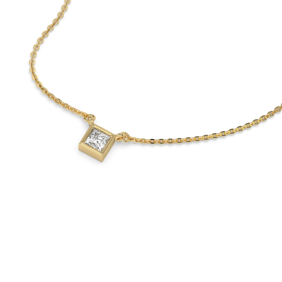 Angled view of a bezel-set princess Diamond necklace featuring a square solitaire diamond in a yellow gold frame with a white background.