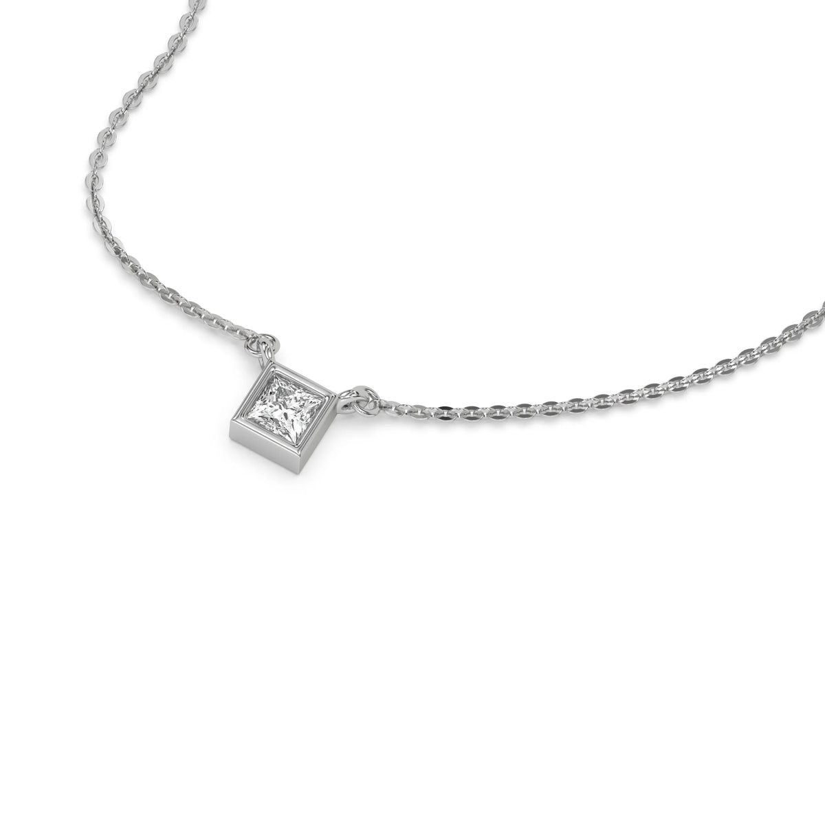 Angled view of a bezel-set princess Diamond necklace featuring a square solitaire diamond in a yellow gold frame with a white background.