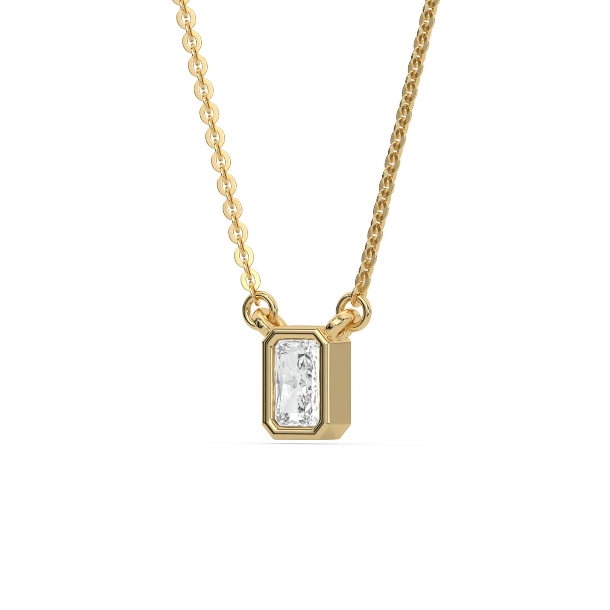 Side-view of a radiant Diamond necklace featuring an elongated solitaire stone bezel-set in polished yellow gold.