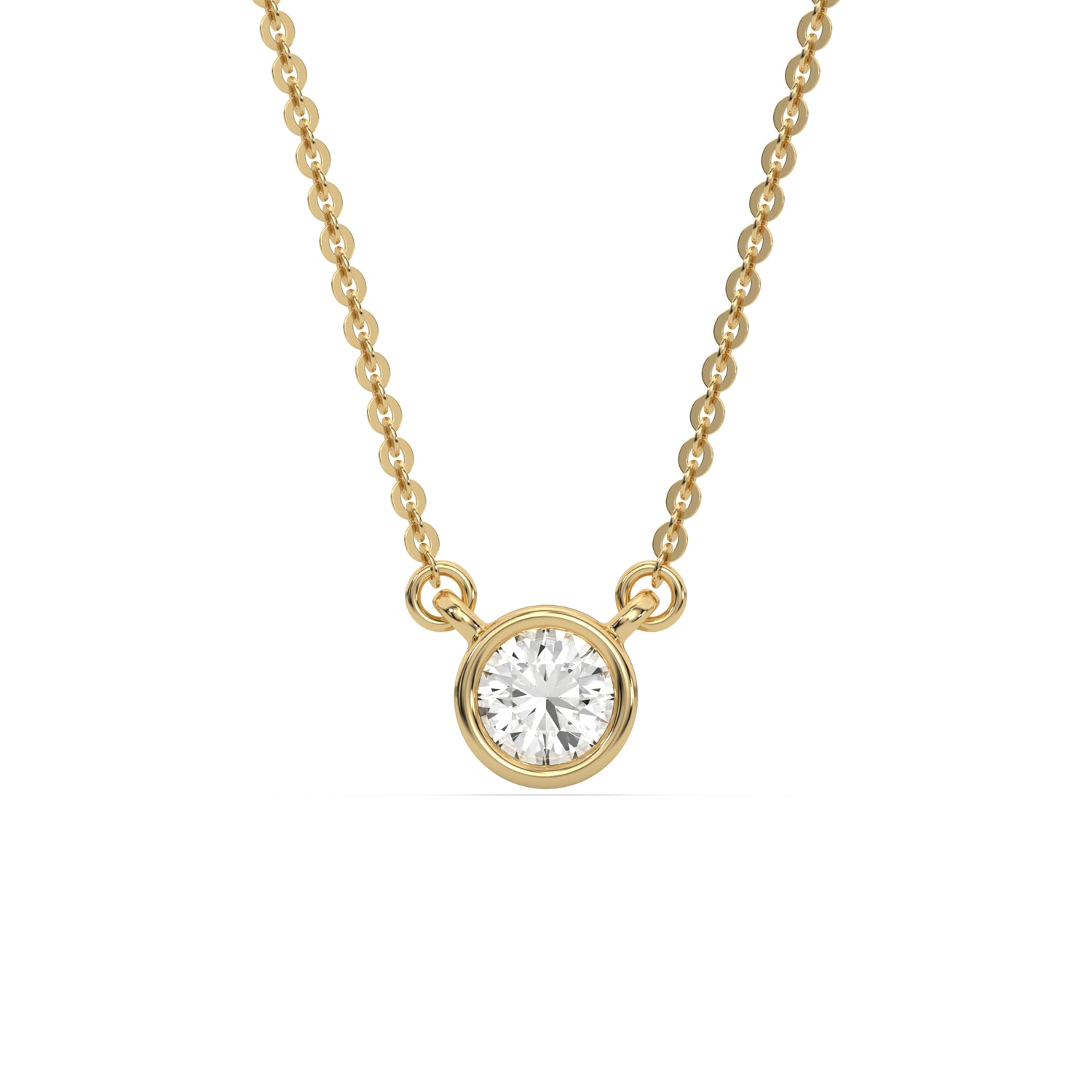 This yellow gold Round Solitaire Diamond Necklace made with a round brilliant-cut diamond in bezel setting with adjustable chain in top view