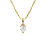 This yellow gold Heart Solitaire Diamond Necklace made with a heart cut diamond in a four prong setting with adjustable chain in top view