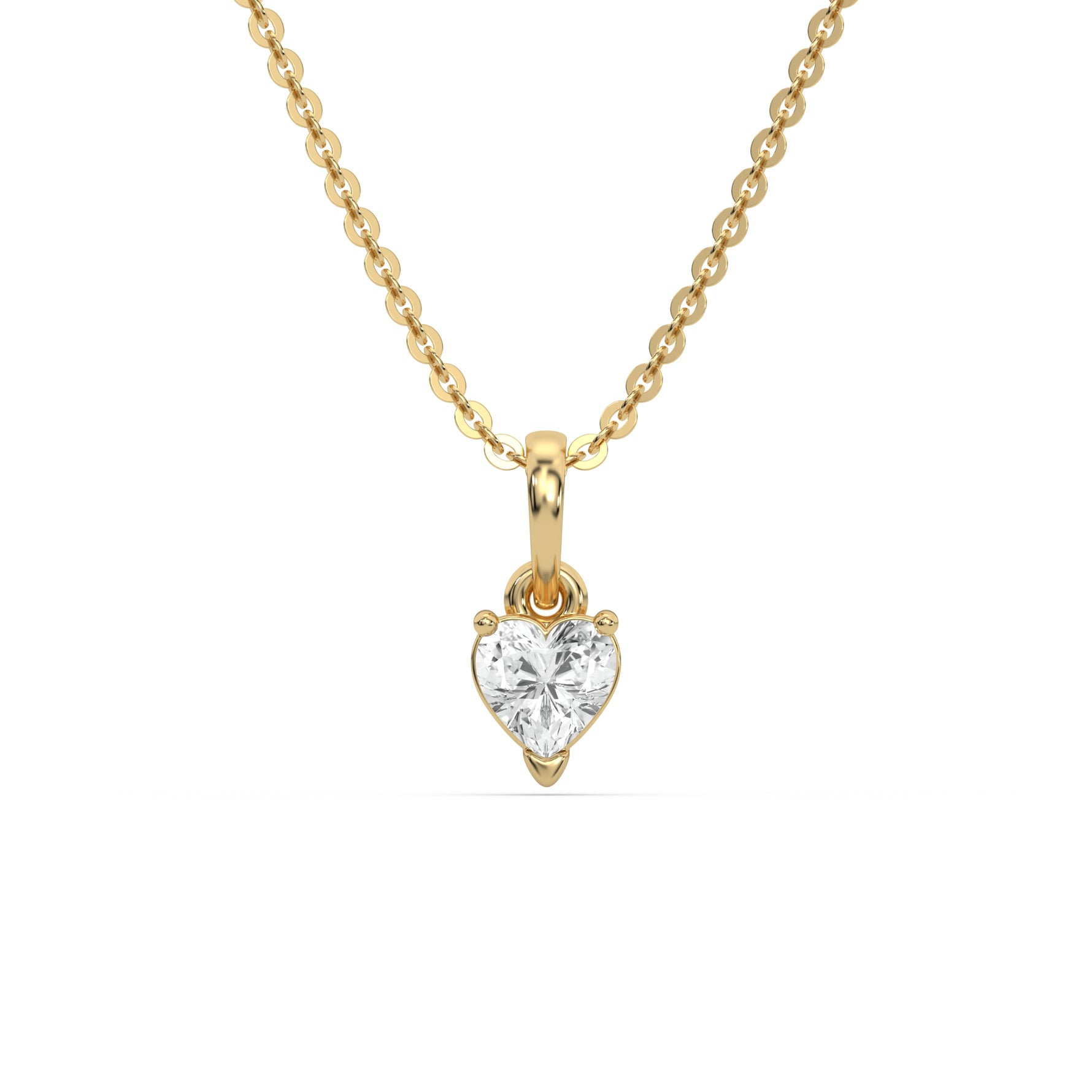 This yellow gold Heart Solitaire Diamond Necklace made with a heart cut diamond in a four prong setting with adjustable chain in top view