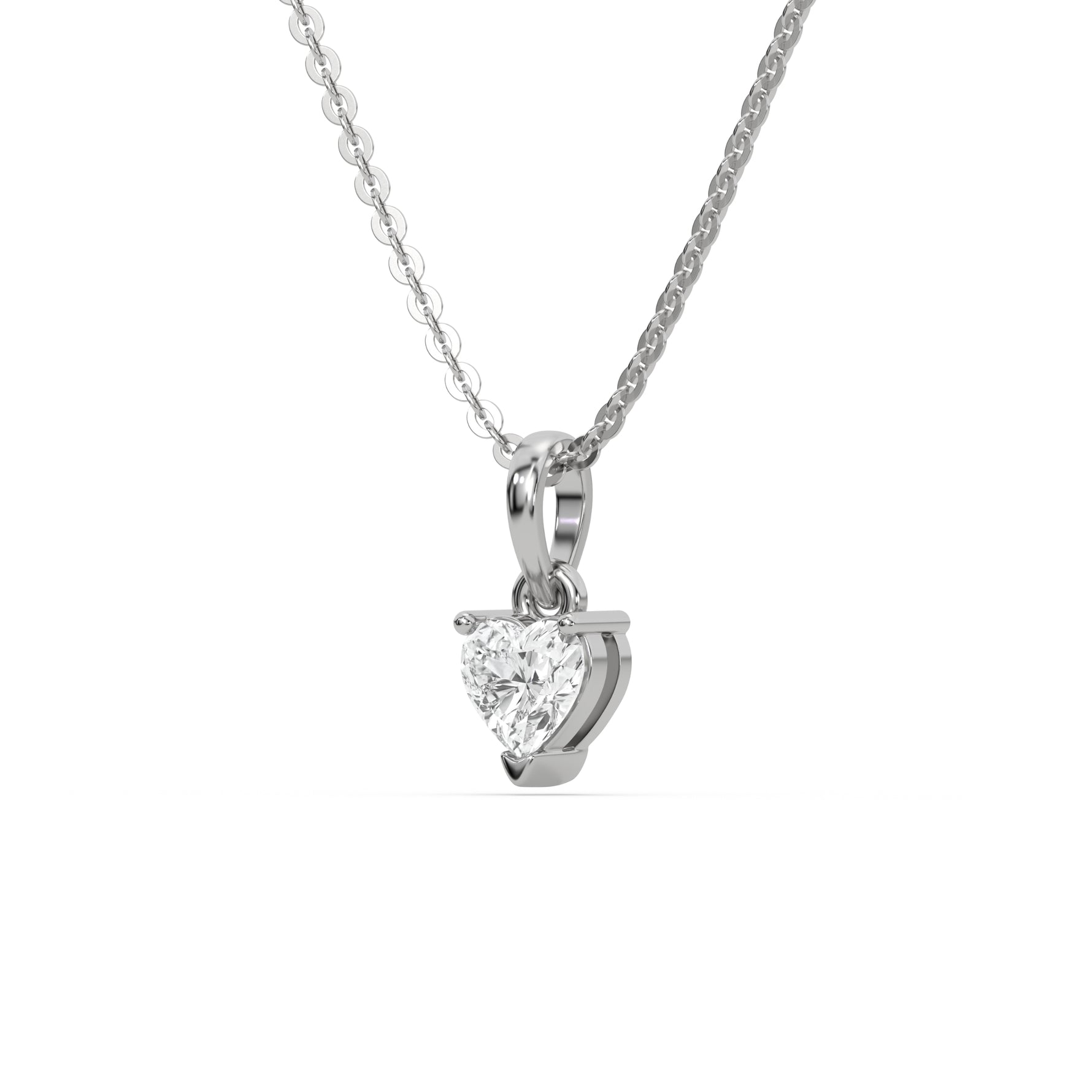 This white gold Heart Solitaire Diamond Necklace made with a heart cut diamond in a four prong setting with adjustable chain in side view