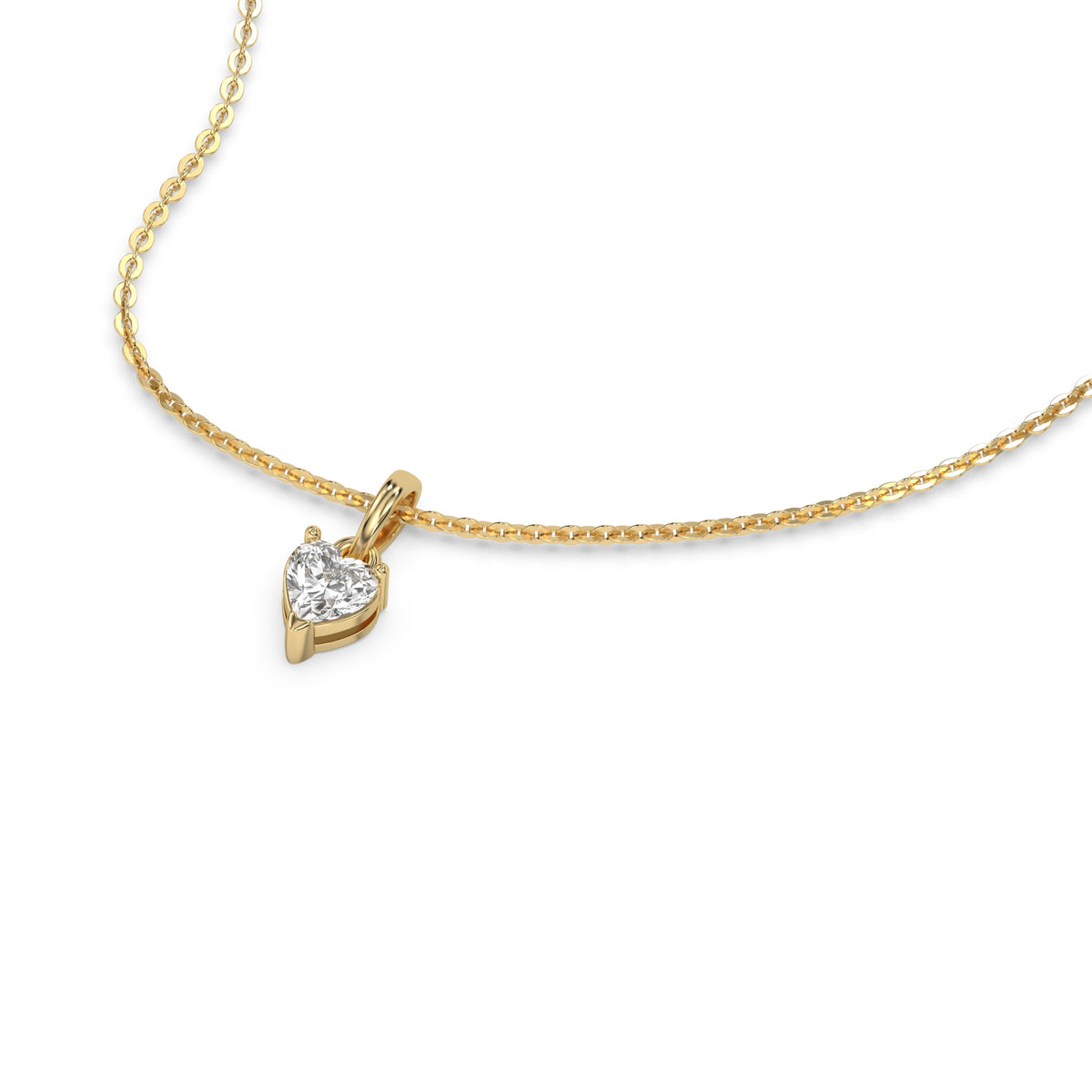 This yellow gold Heart Solitaire Diamond Necklace made with a heart cut diamond in a four prong setting with adjustable chain in 3d view