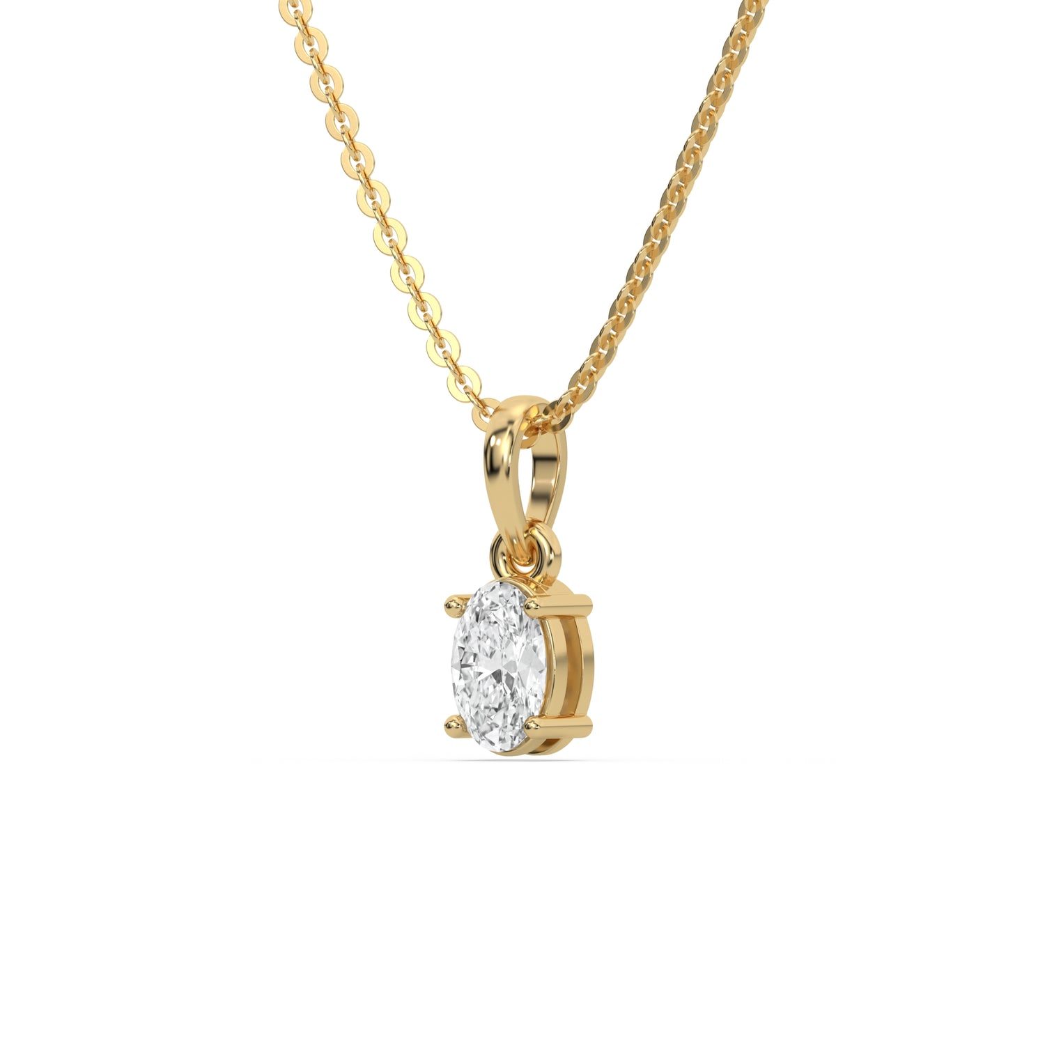 This yellow gold Oval Solitaire Diamond Necklace made with an oval cut diamond in a four prong setting with adjustable chain in side view