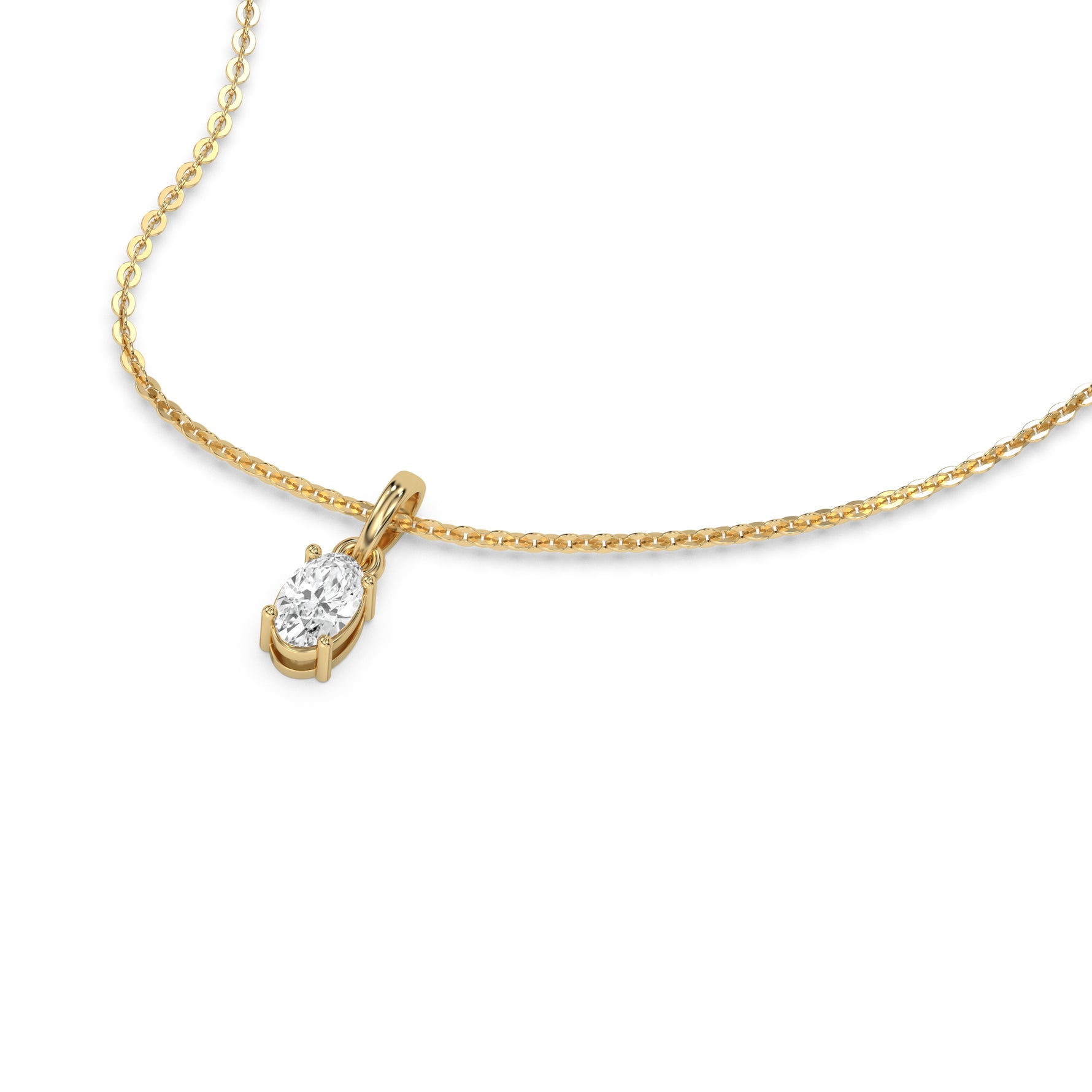 This yellow gold Oval Solitaire Diamond Necklace made with an oval cut diamond in a four prong setting with adjustable chain in 3d view