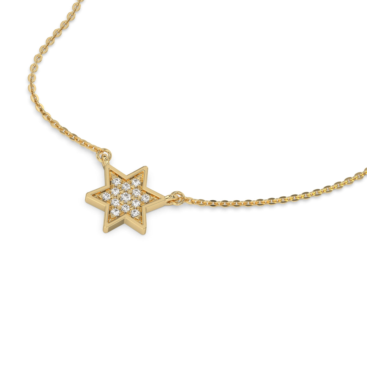 This yellow gold Star Diamond Necklace made with round brilliant-cut diamonds and set in pave setting in 3d view