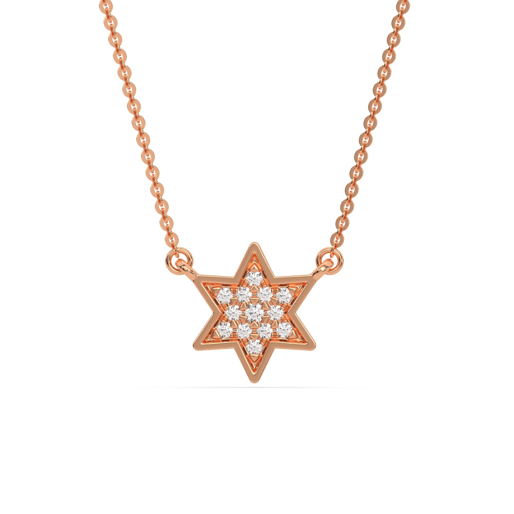 This rose gold Star Diamond Necklace made with round brilliant-cut diamonds and set in pave setting in top view