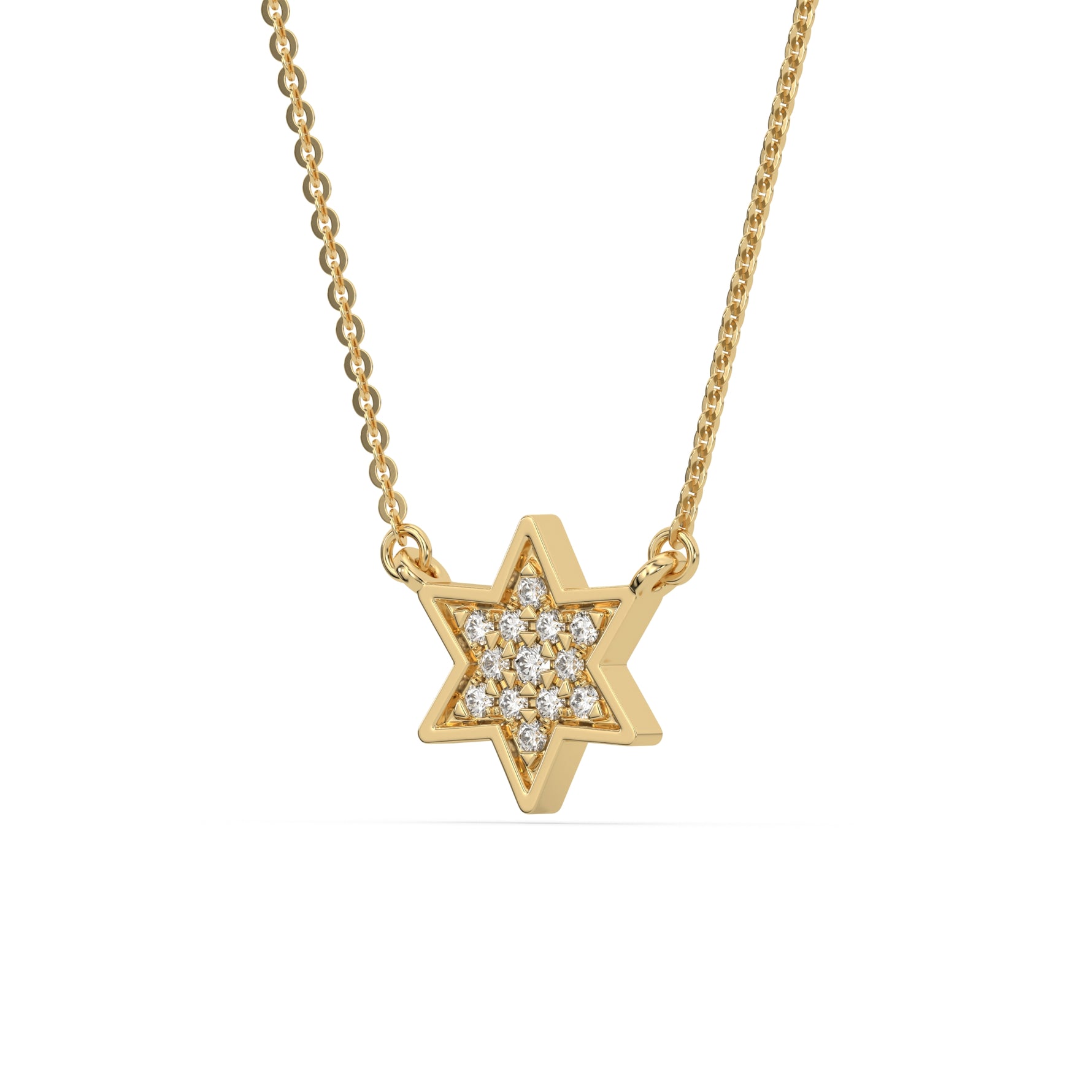 This yellow gold Star Diamond Necklace made with round brilliant-cut diamonds and set in pave setting in side view