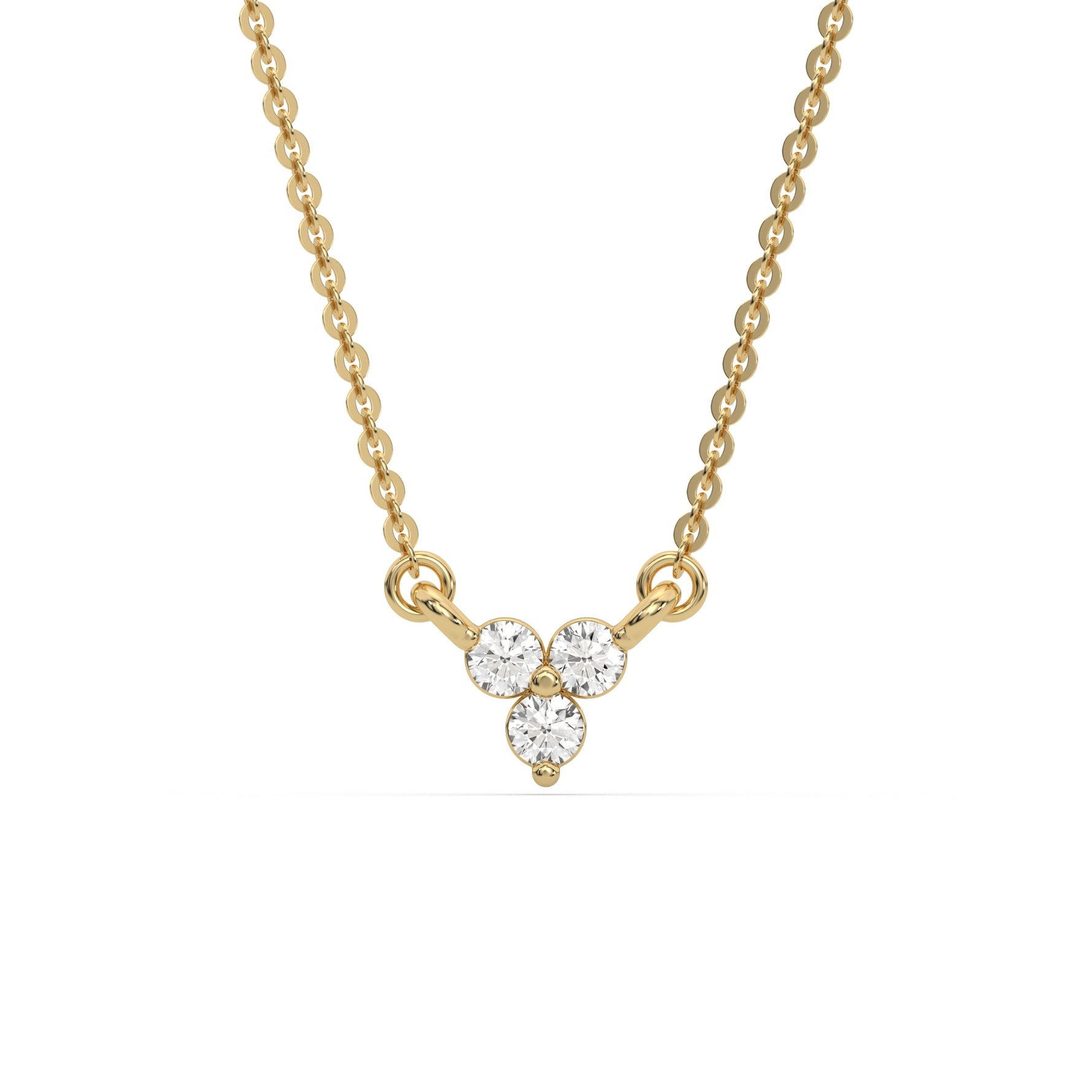 This yellow gold Trio Diamond Necklace made with three round brilliant-cut diamonds, securely set in bezel setting in top view