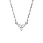 This white gold Trio Diamond Necklace made with three round brilliant-cut diamonds, securely set in bezel setting in top view