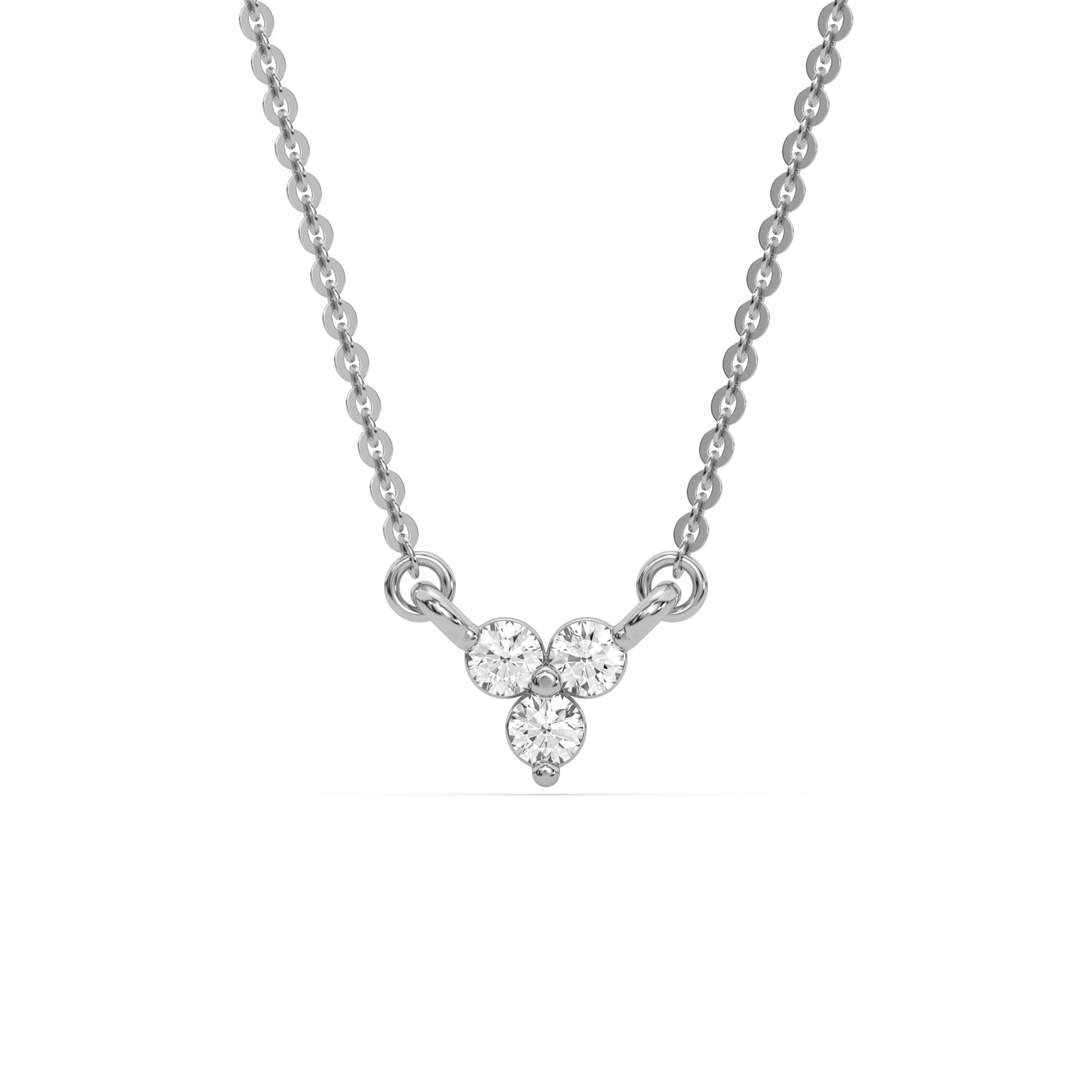 This white gold Trio Diamond Necklace made with three round brilliant-cut diamonds, securely set in bezel setting in top view