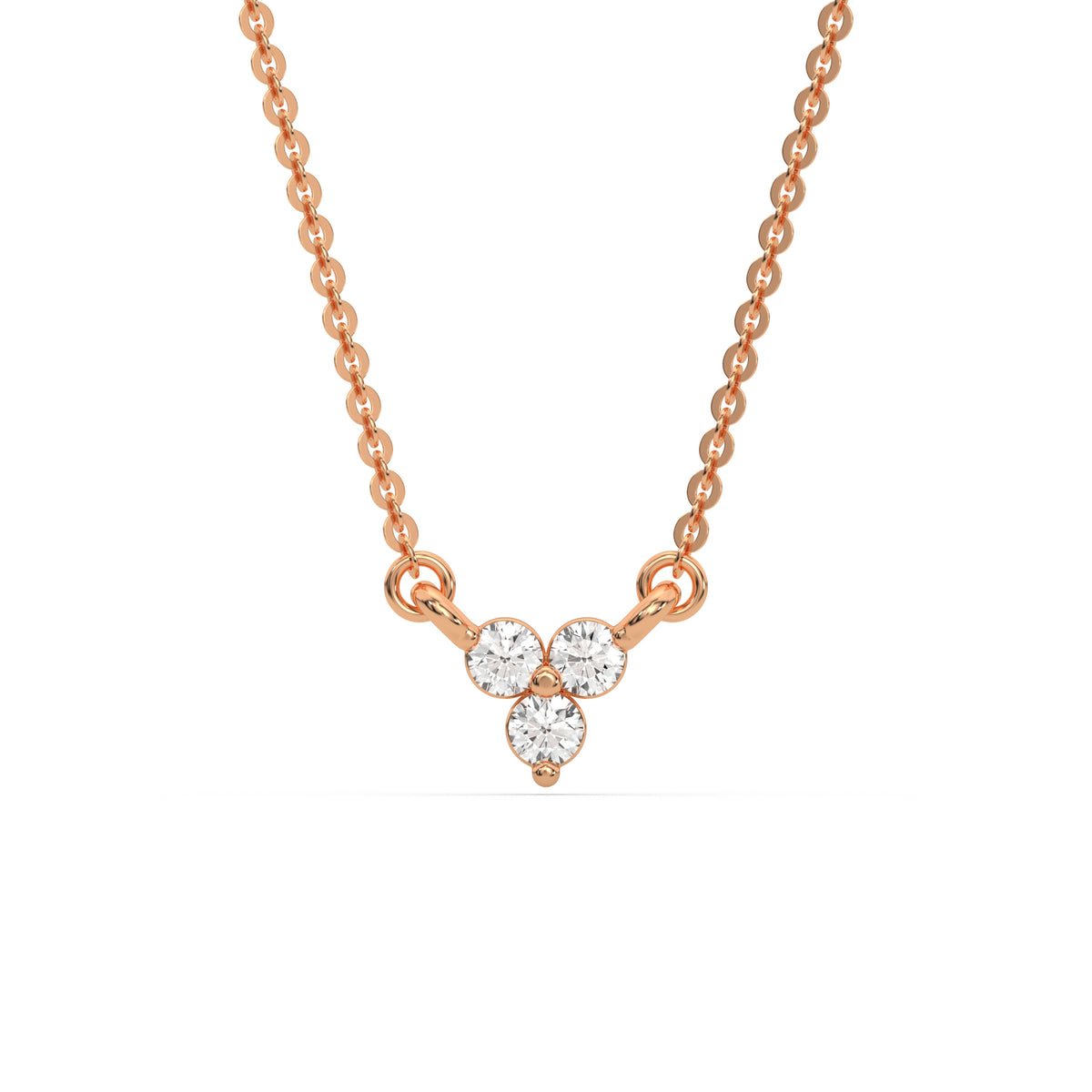 This rose gold Trio Diamond Necklace made with three round brilliant-cut diamonds, securely set in bezel setting in top view